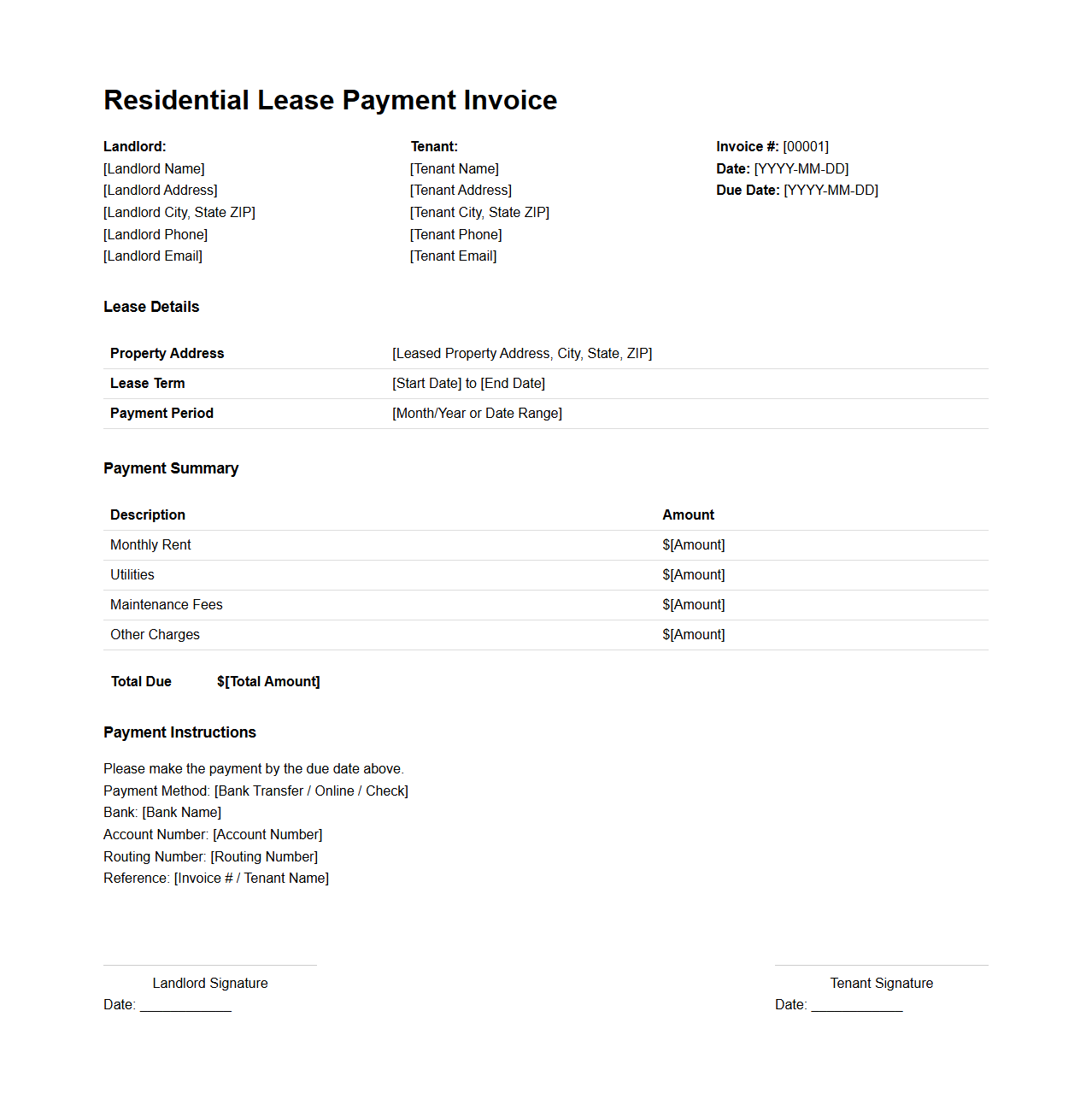 Residential Lease Payment Invoice Sample