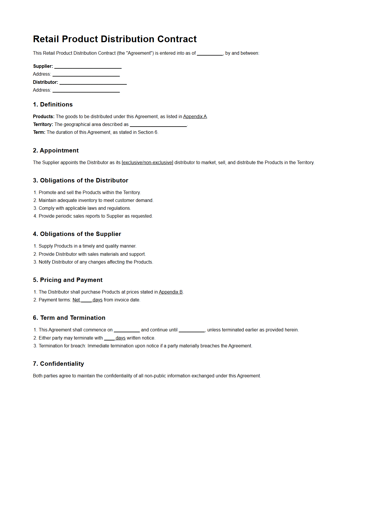 Retail Product Distribution Contract Template