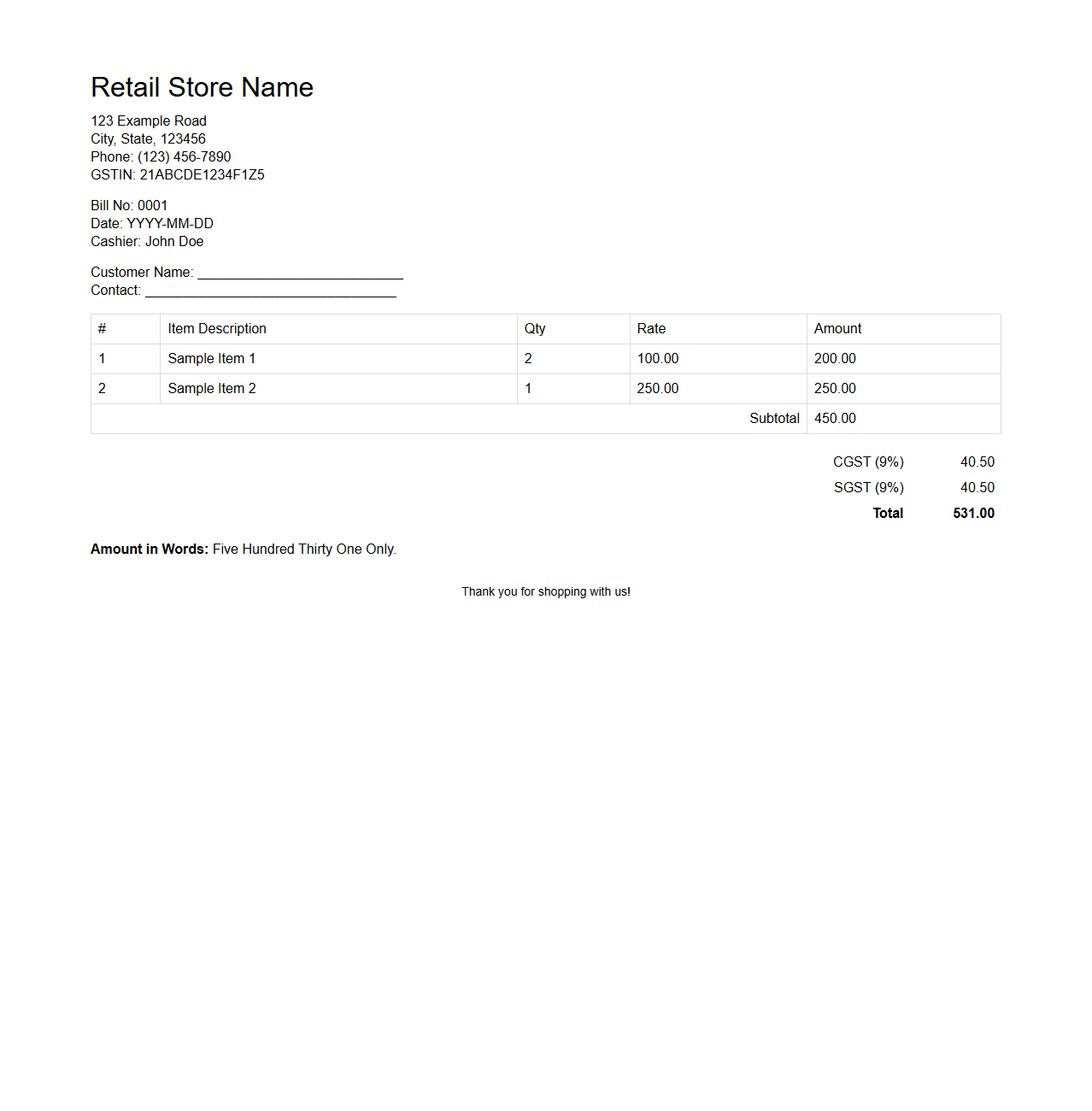 Retail Store Purchase Bill Format Example