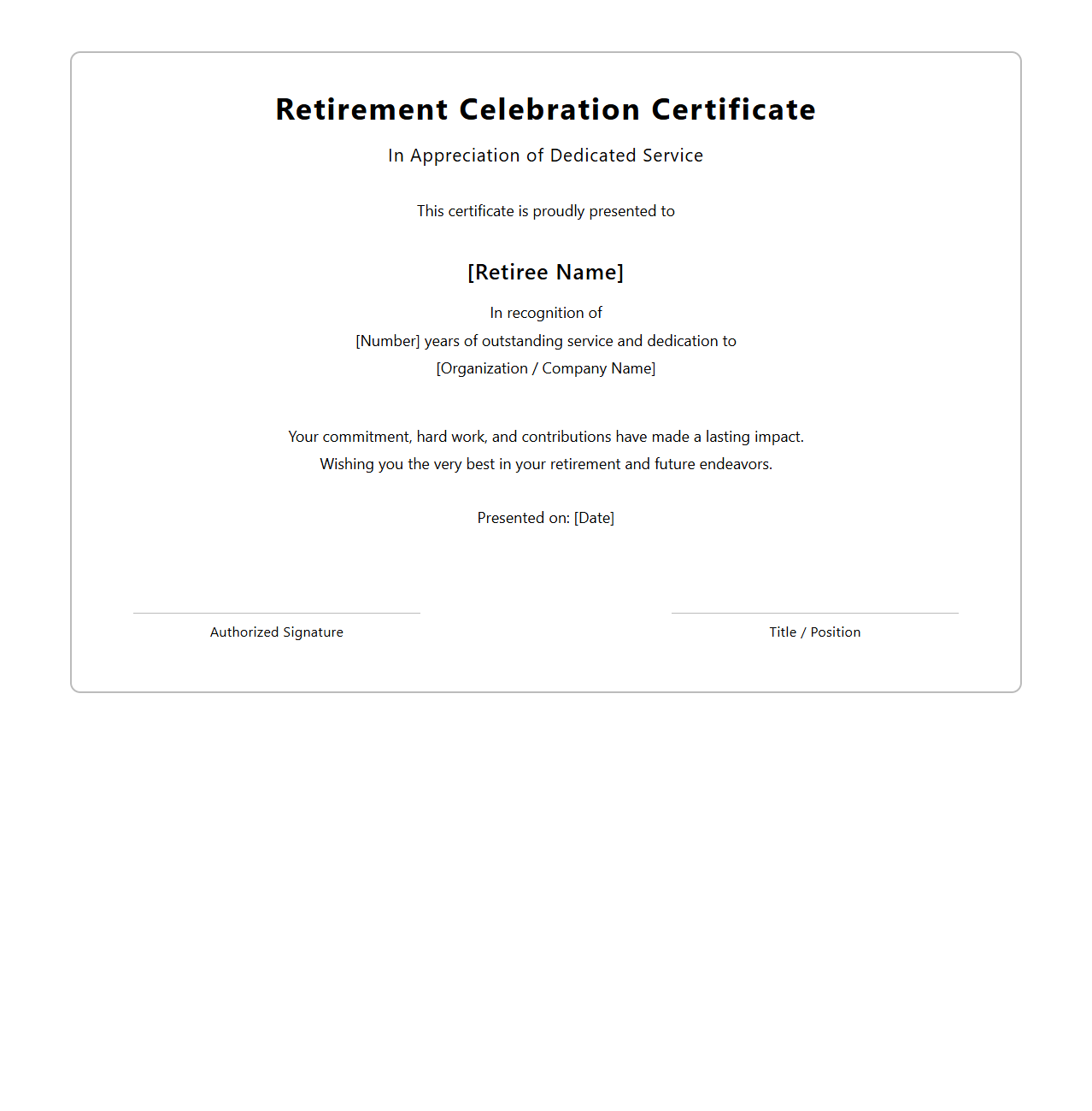 Retirement Celebration Certificate Format