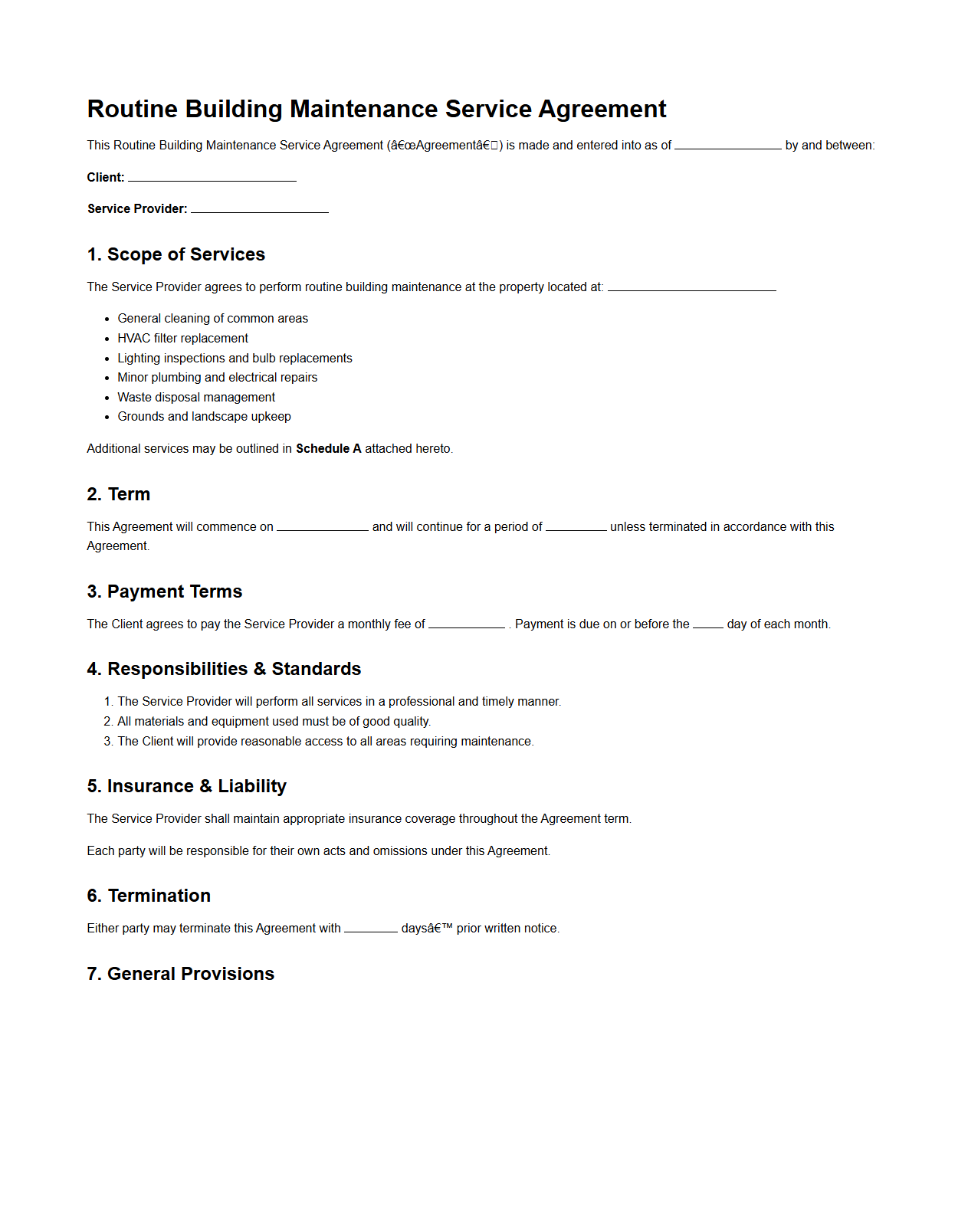 Routine Building Maintenance Service Agreement