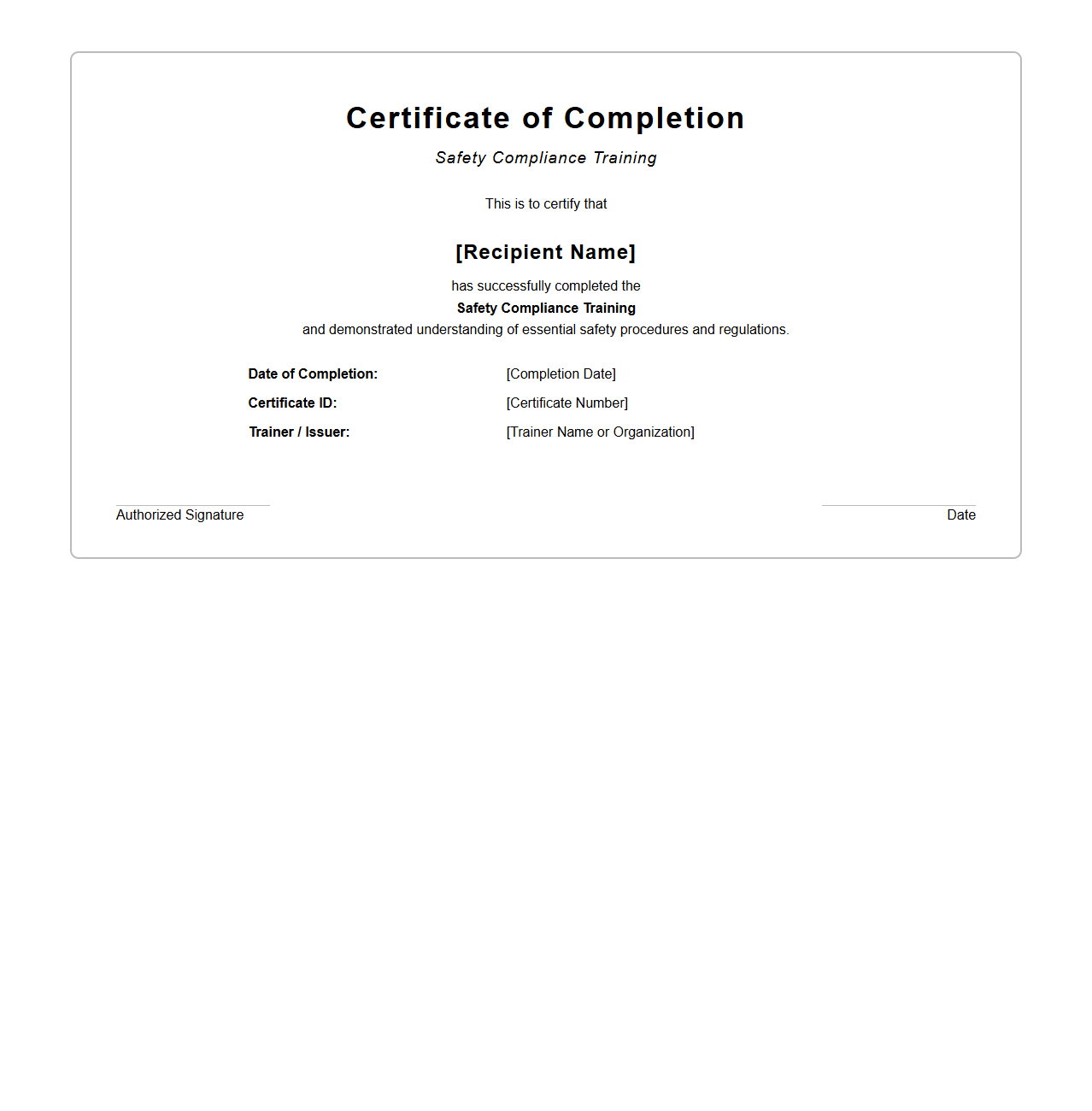 Safety Compliance Training Certificate Template