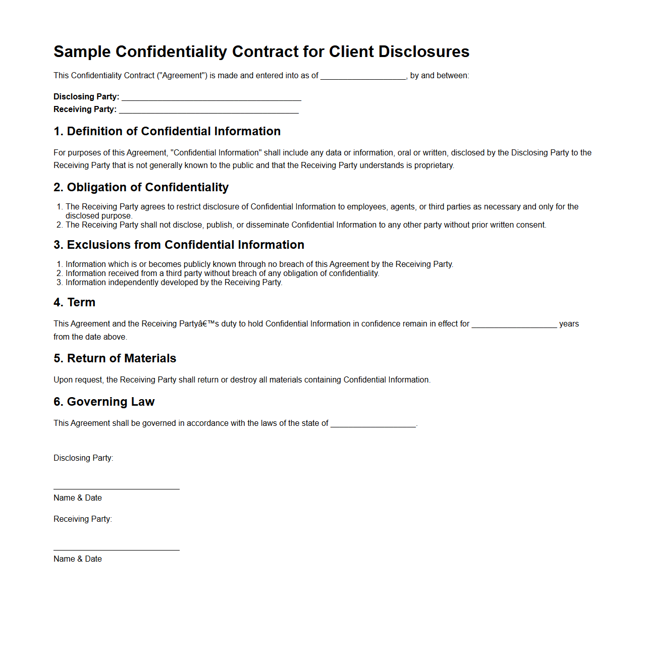 Sample Confidentiality Contract for Client Disclosures