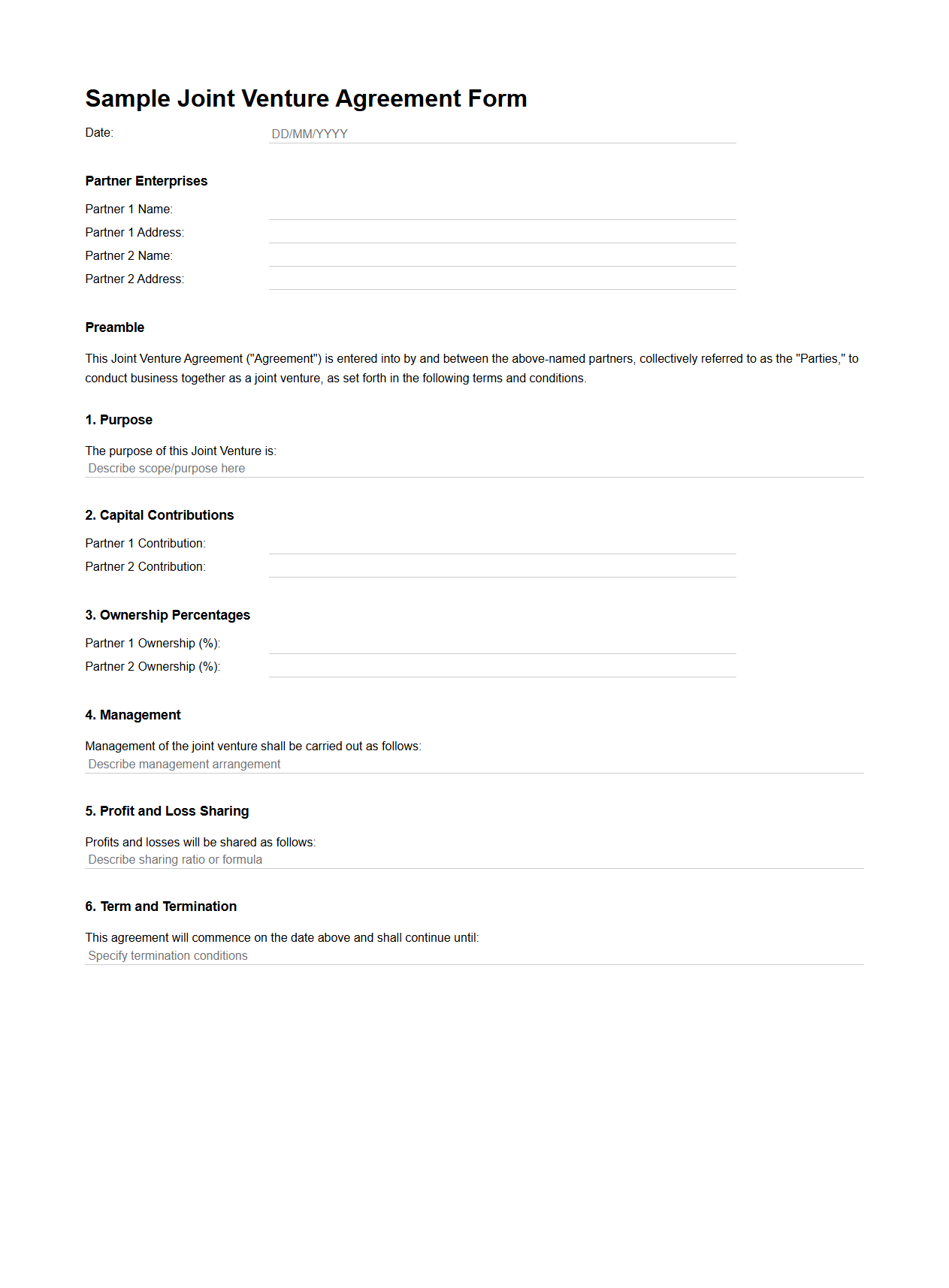 Sample Joint Venture Agreement Form for Partner Enterprises