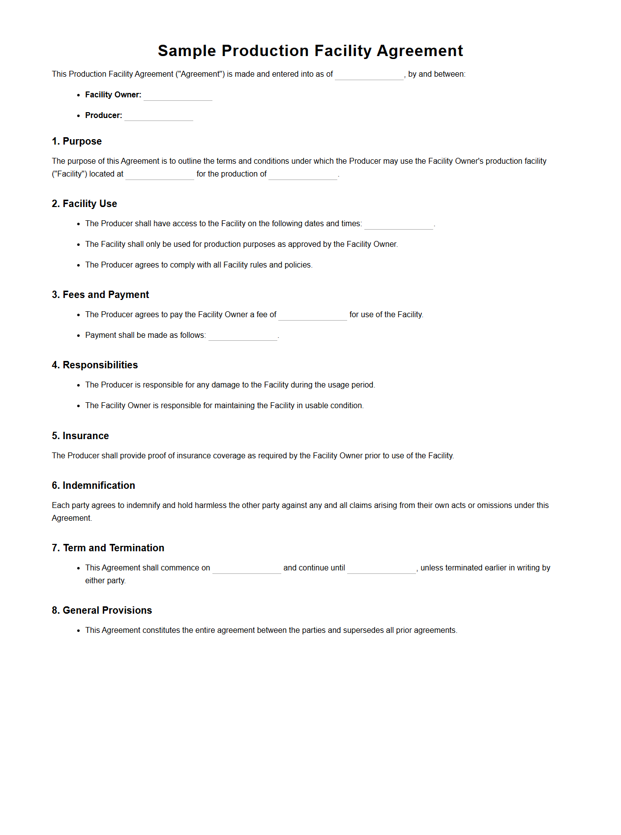 Sample Production Facility Agreement Template