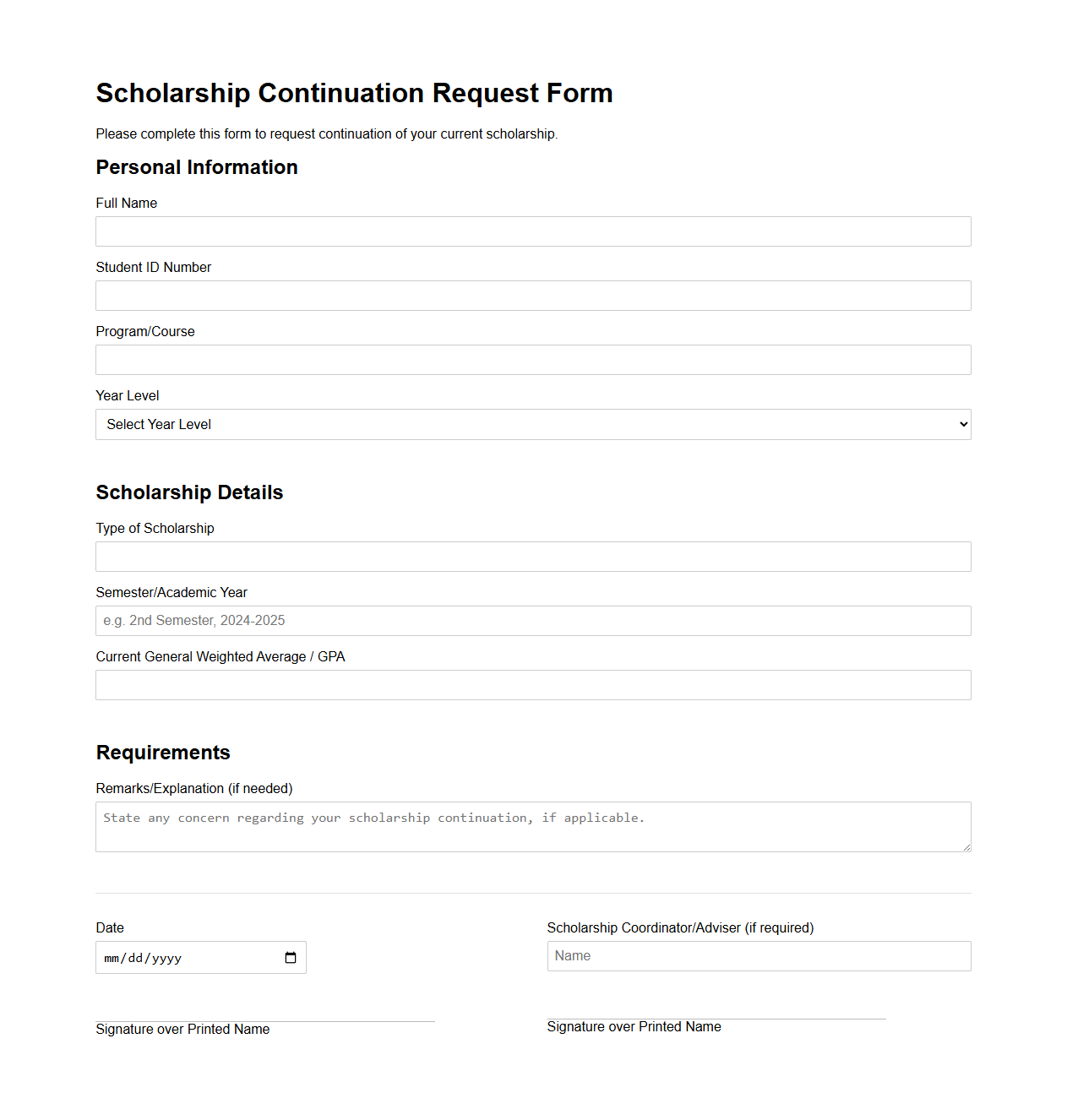 Scholarship Continuation Request for Current Awardees