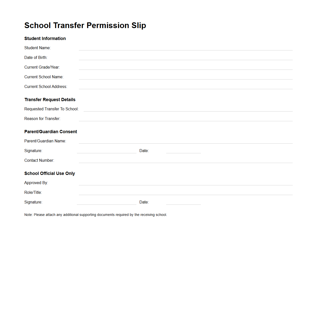 School Transfer Permission Slip Template