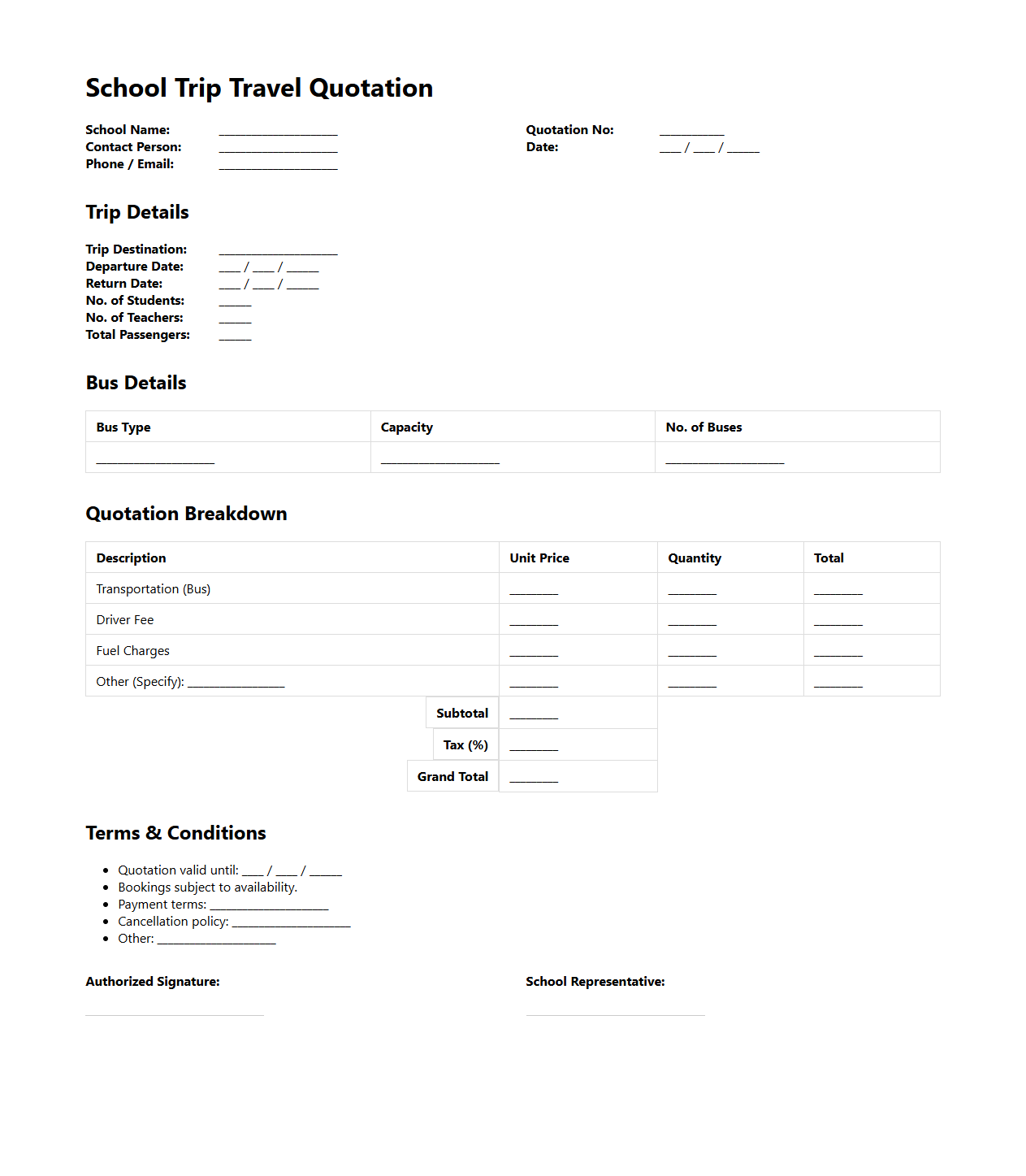 School Trip Travel Quotation Template for Bus Tours