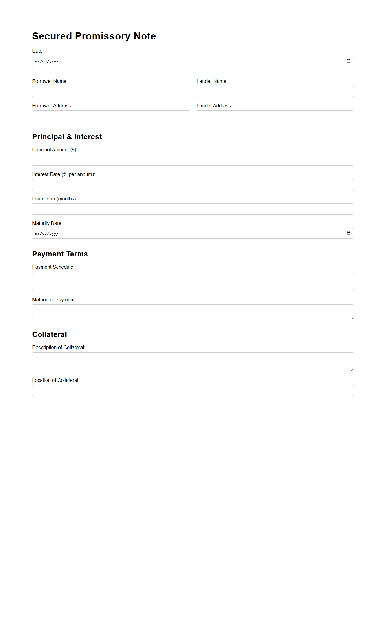 Secured Promissory Note Form for Collateralized Loans