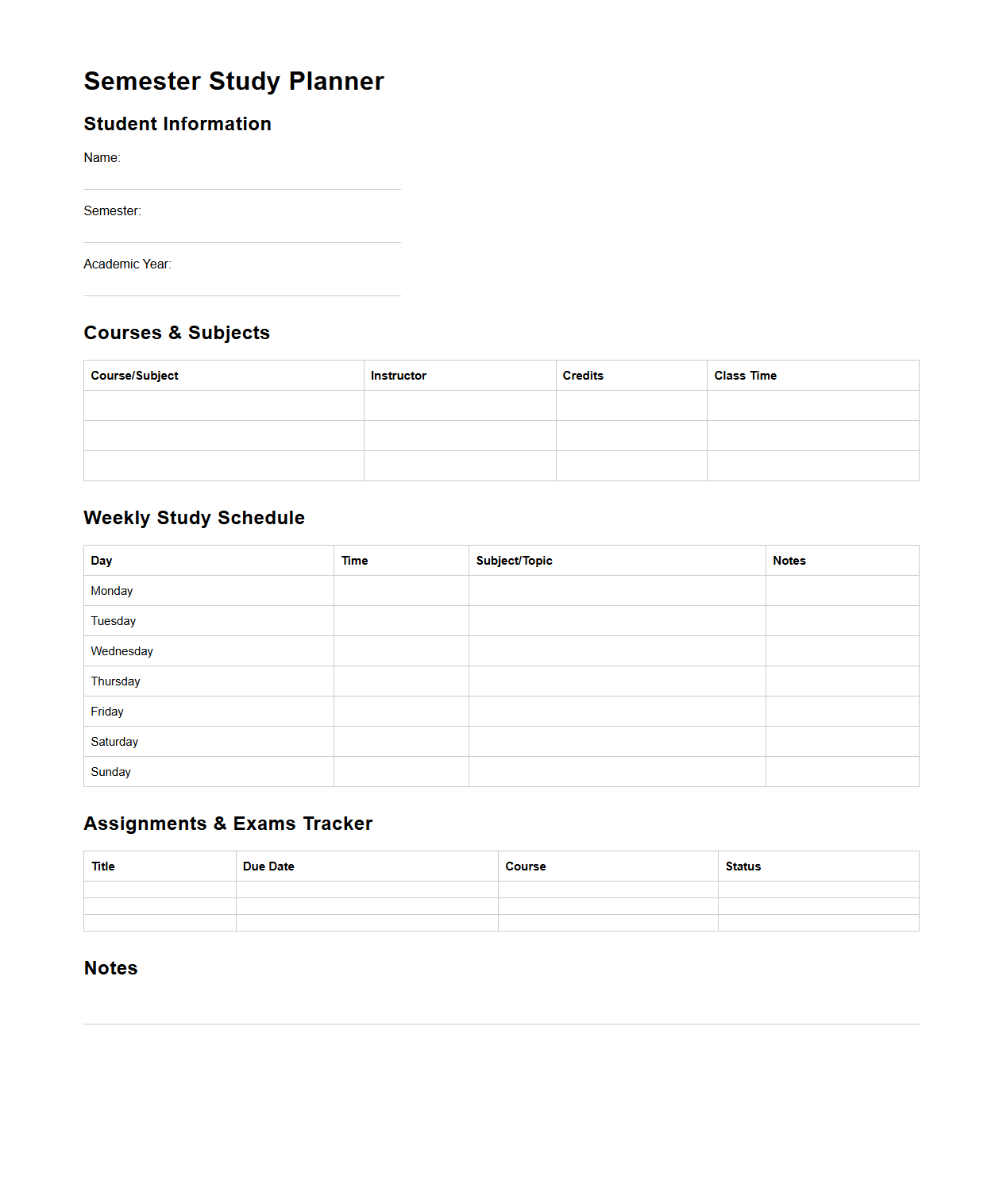 Semester Study Planner Template for Students
