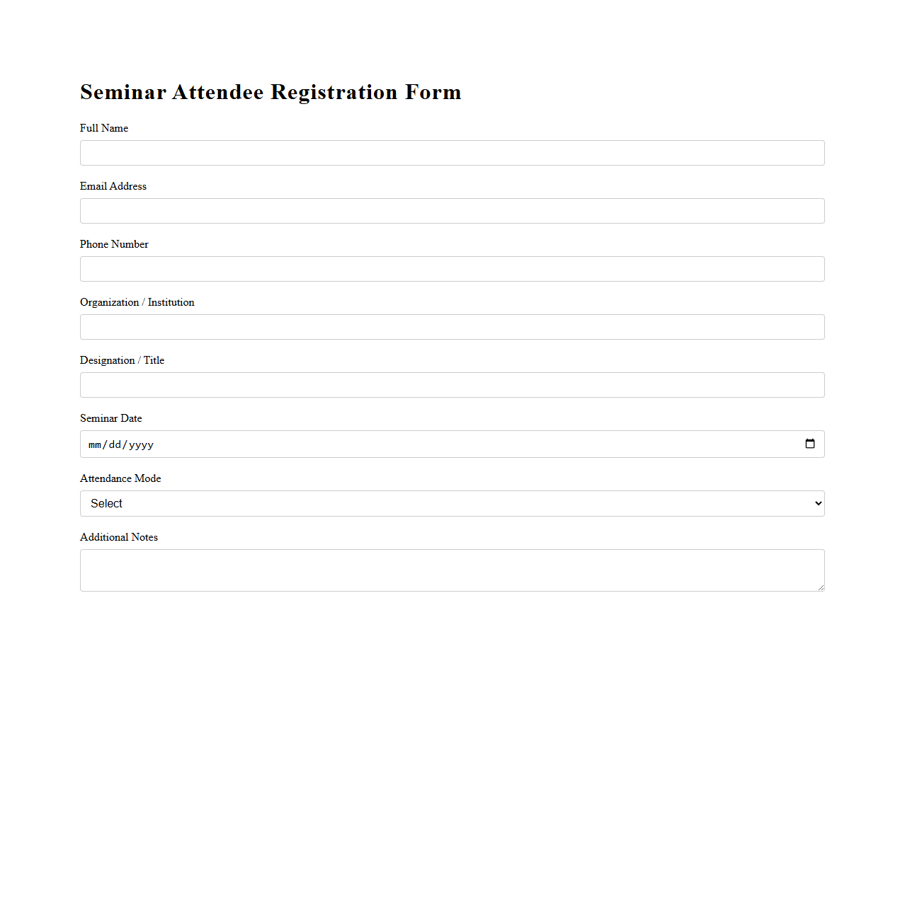 Seminar Attendee Registration Blank Form