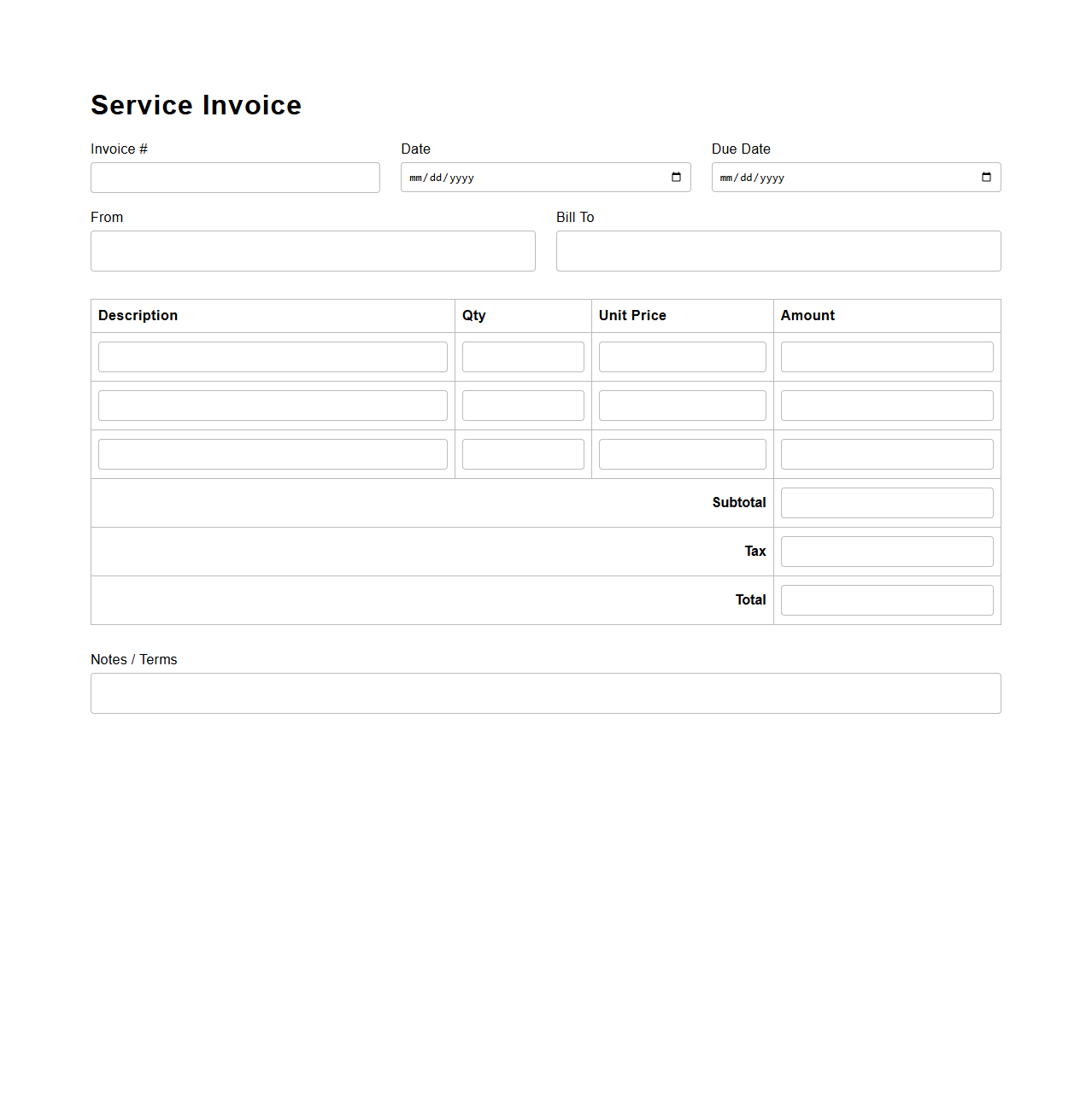 Service Invoice Blank Form