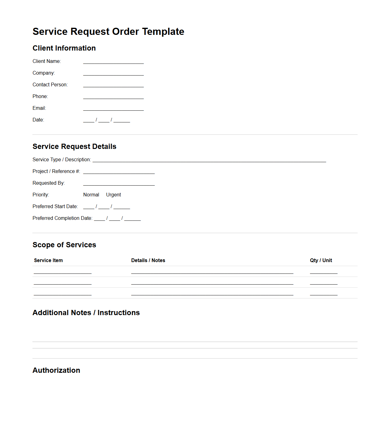 Service Request Order Template for Client Services