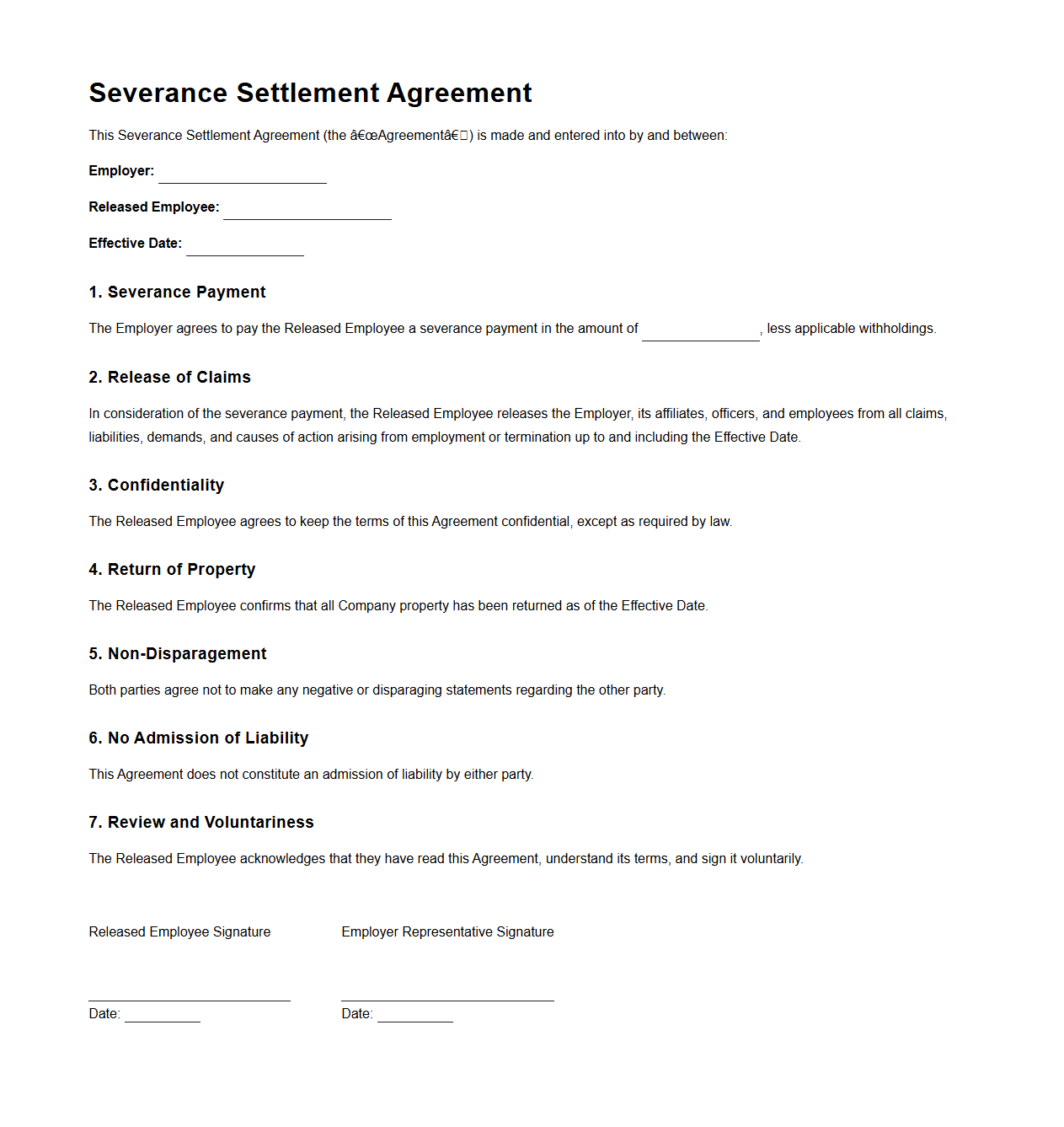 Severance Settlement Agreement for Released Employees