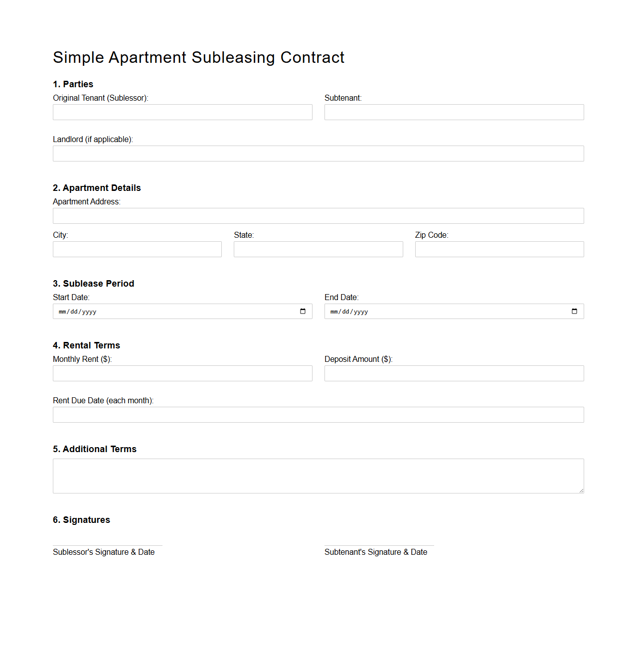 Simple Apartment Subleasing Contract Blank Form