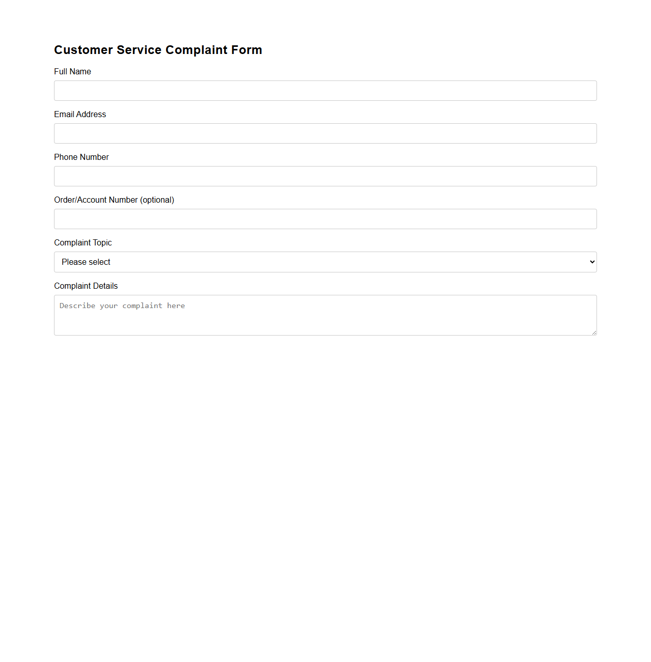 Simple Blank Customer Service Complaint Form