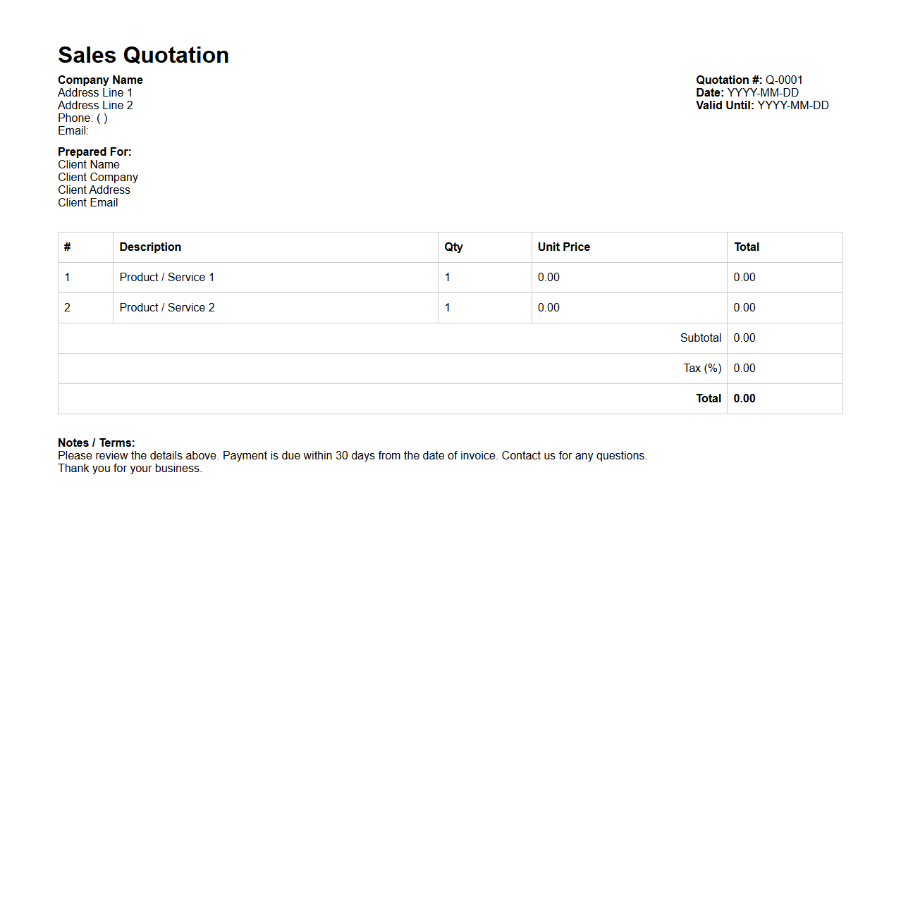 Simple Business Sales Quotation Sheet