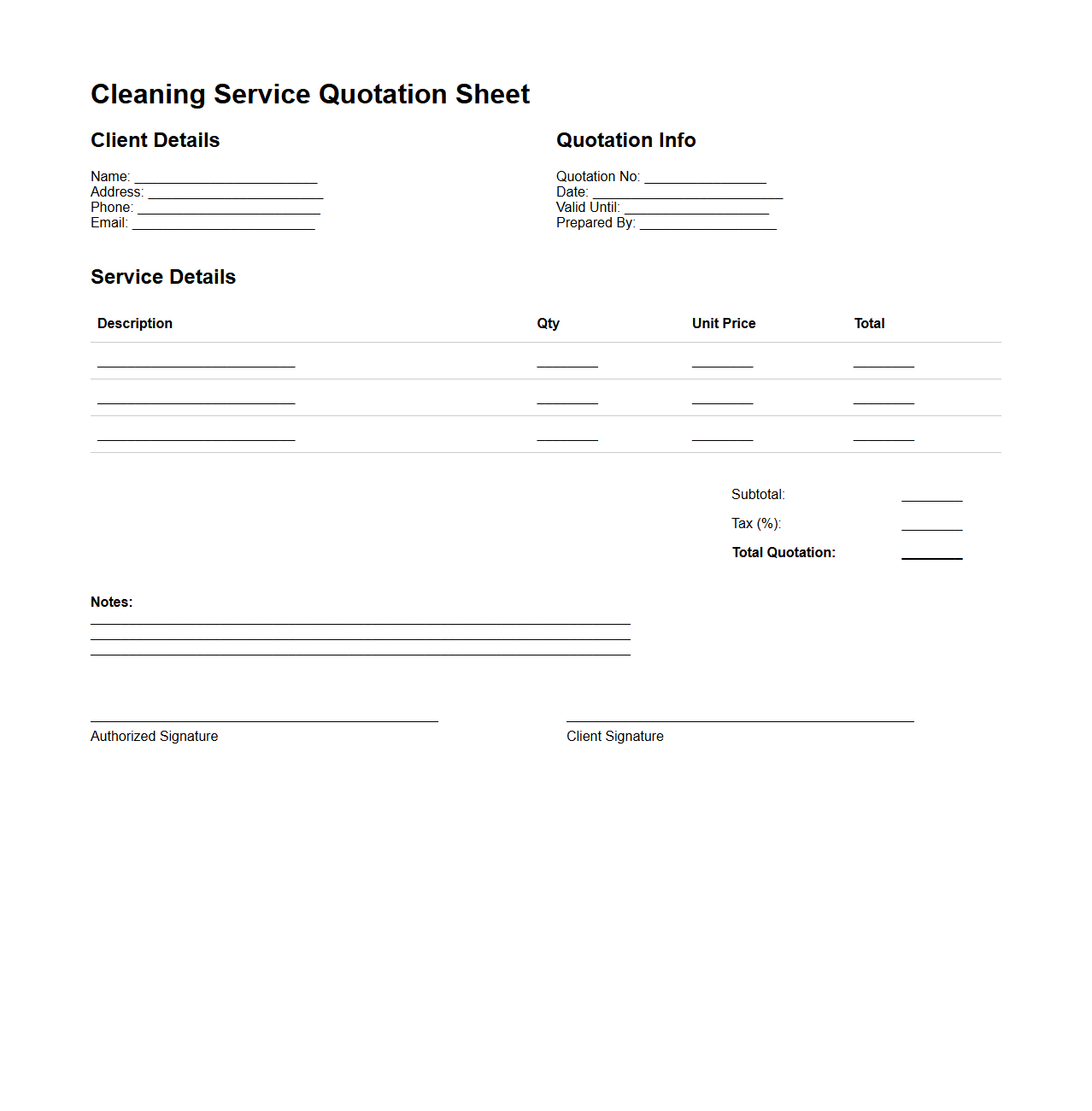 Simple Cleaning Service Quotation Sheet