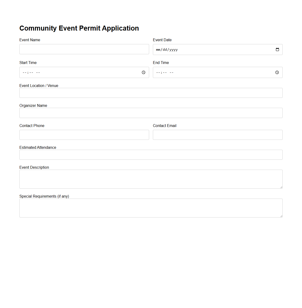 Simple Community Event Permit Application Sheet