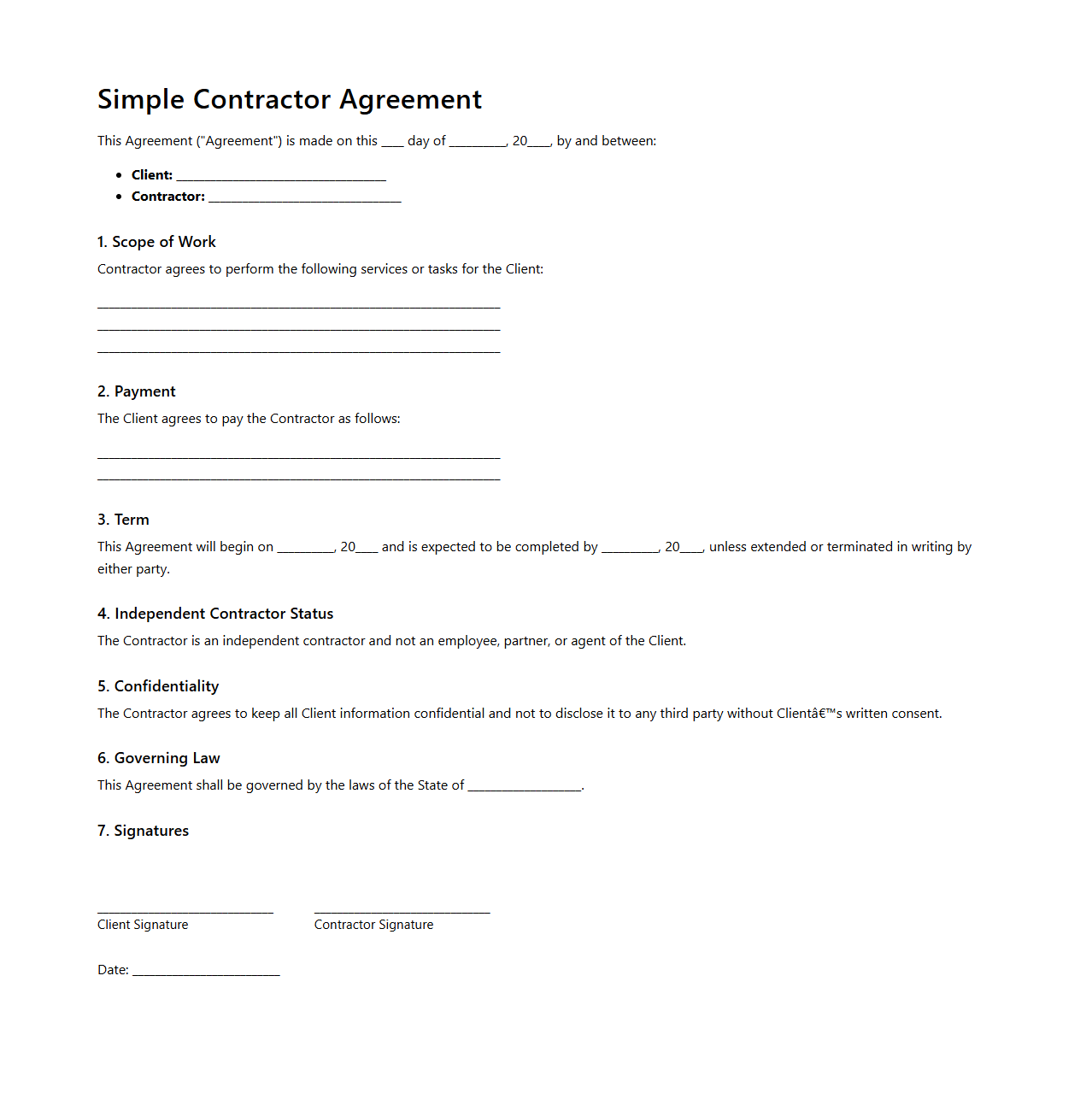 Simple Contractor Agreement Sample for Projects