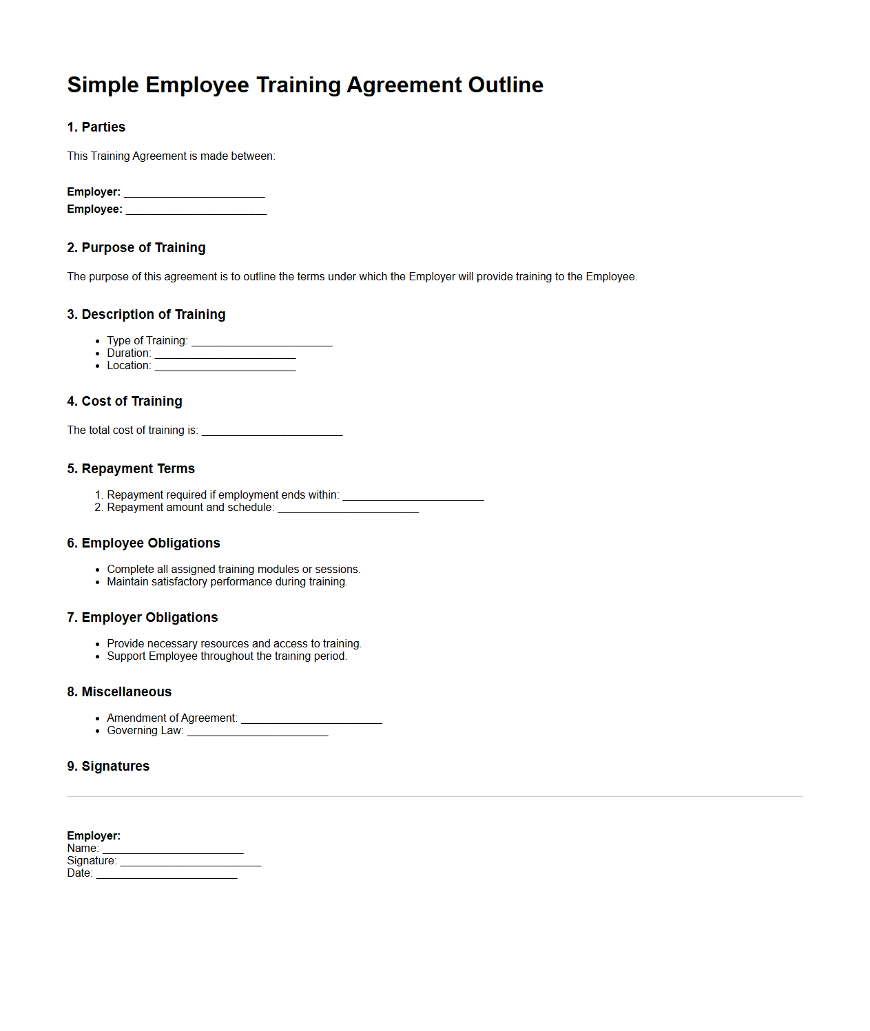 Simple Employee Training Agreement Outline