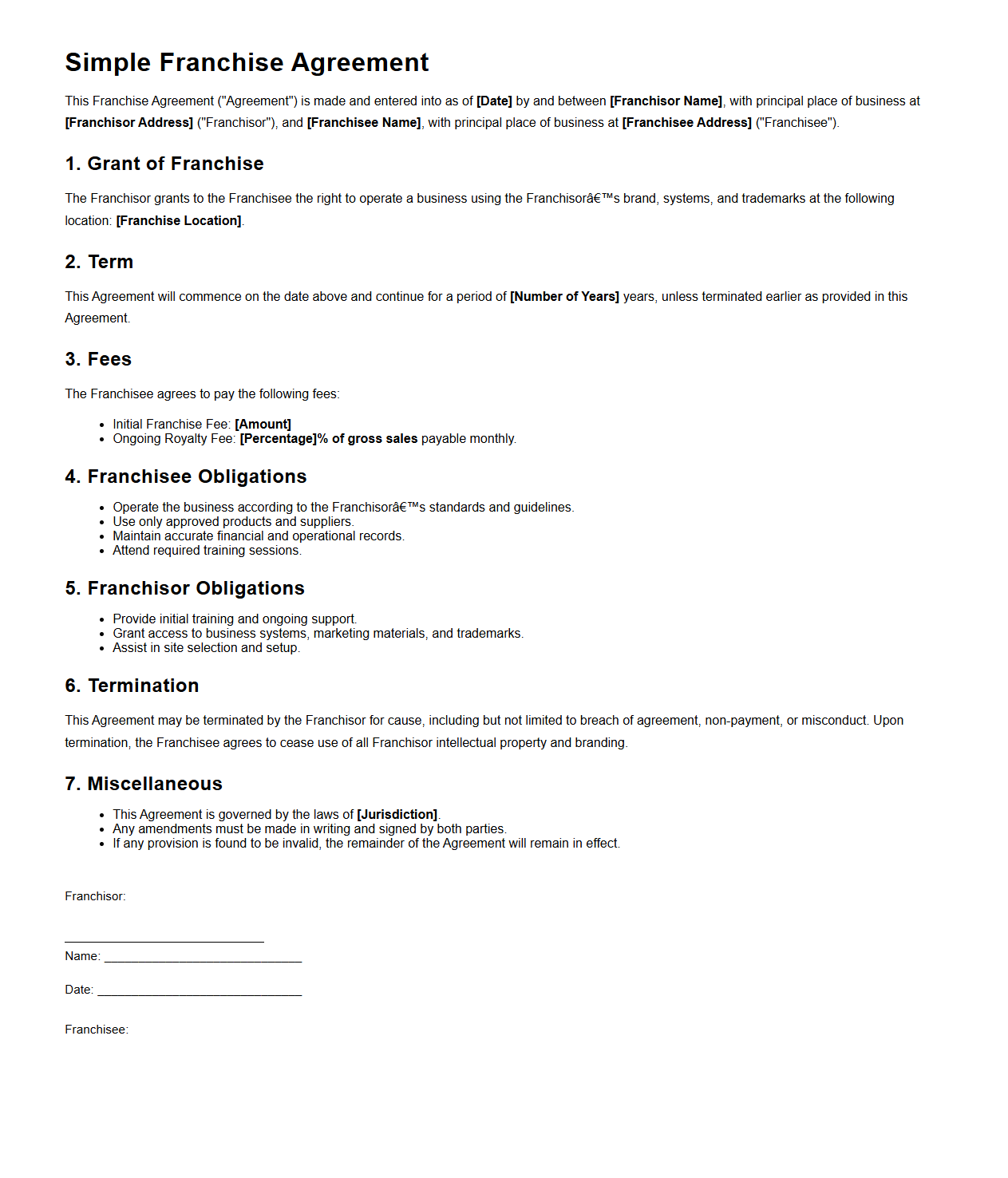 Simple Franchise Agreement Template for New Franchisees