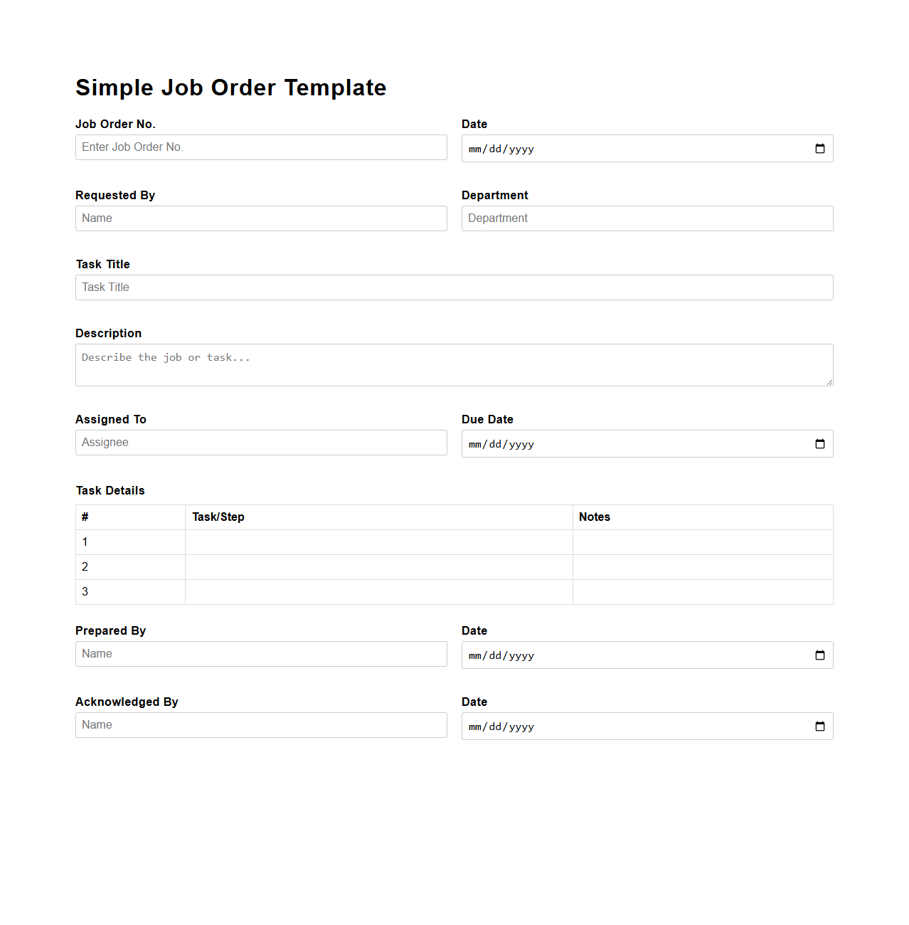 Simple Job Order Template for Task Assignments