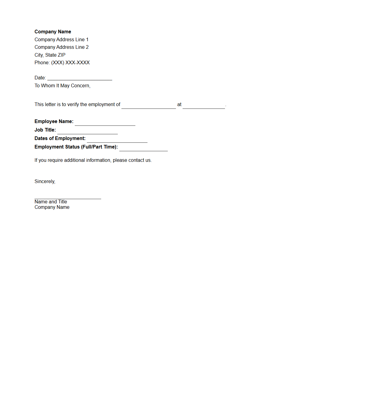 Simple Job Verification Letter Sheet