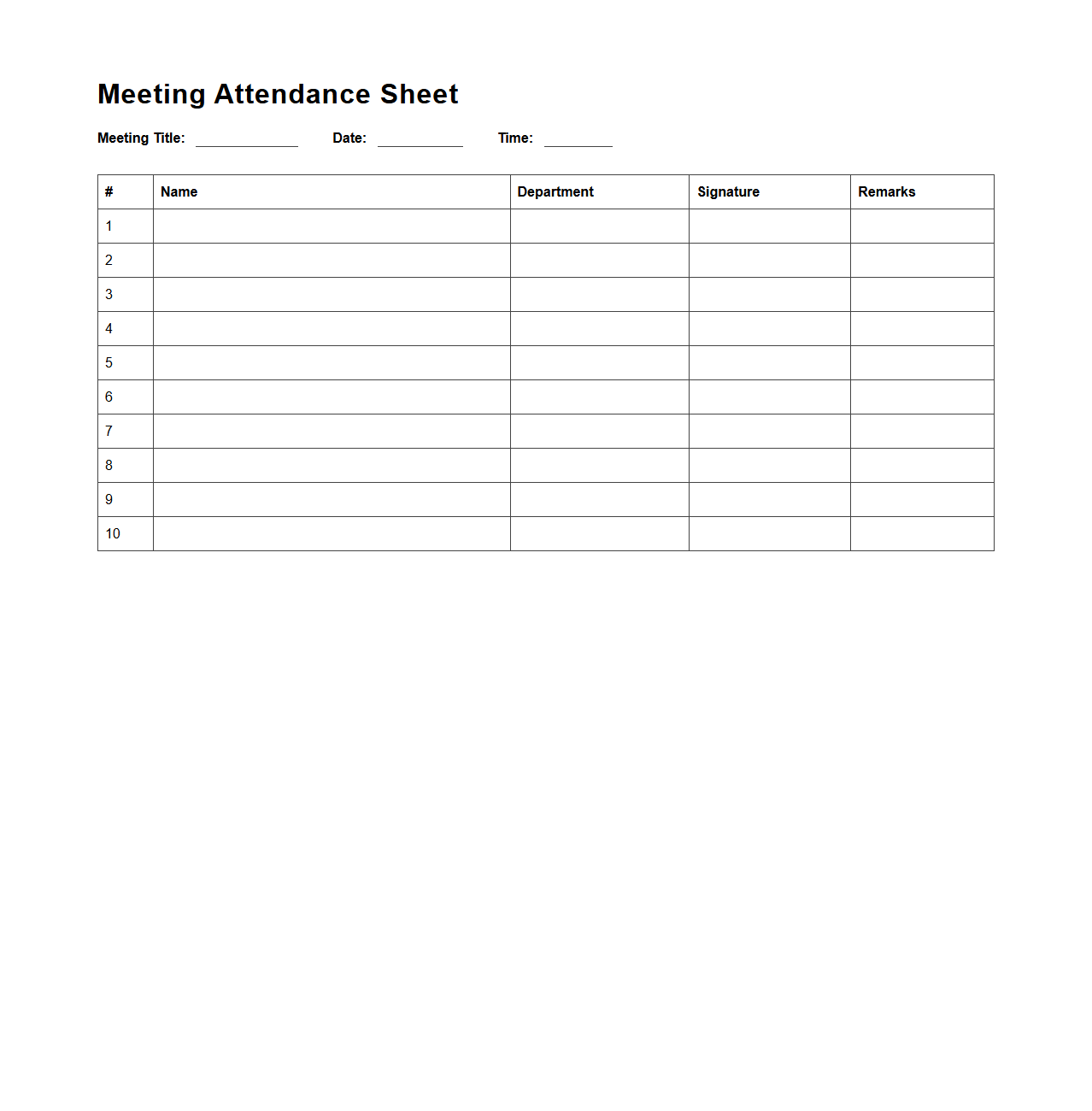 Simple Meeting Attendance Sheet Template