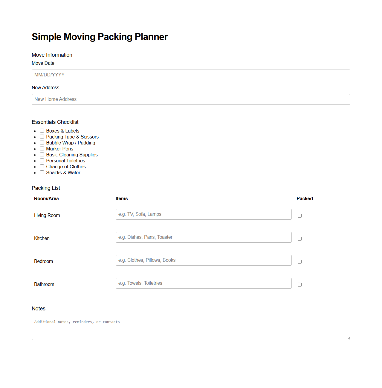 Simple Moving Packing Planner