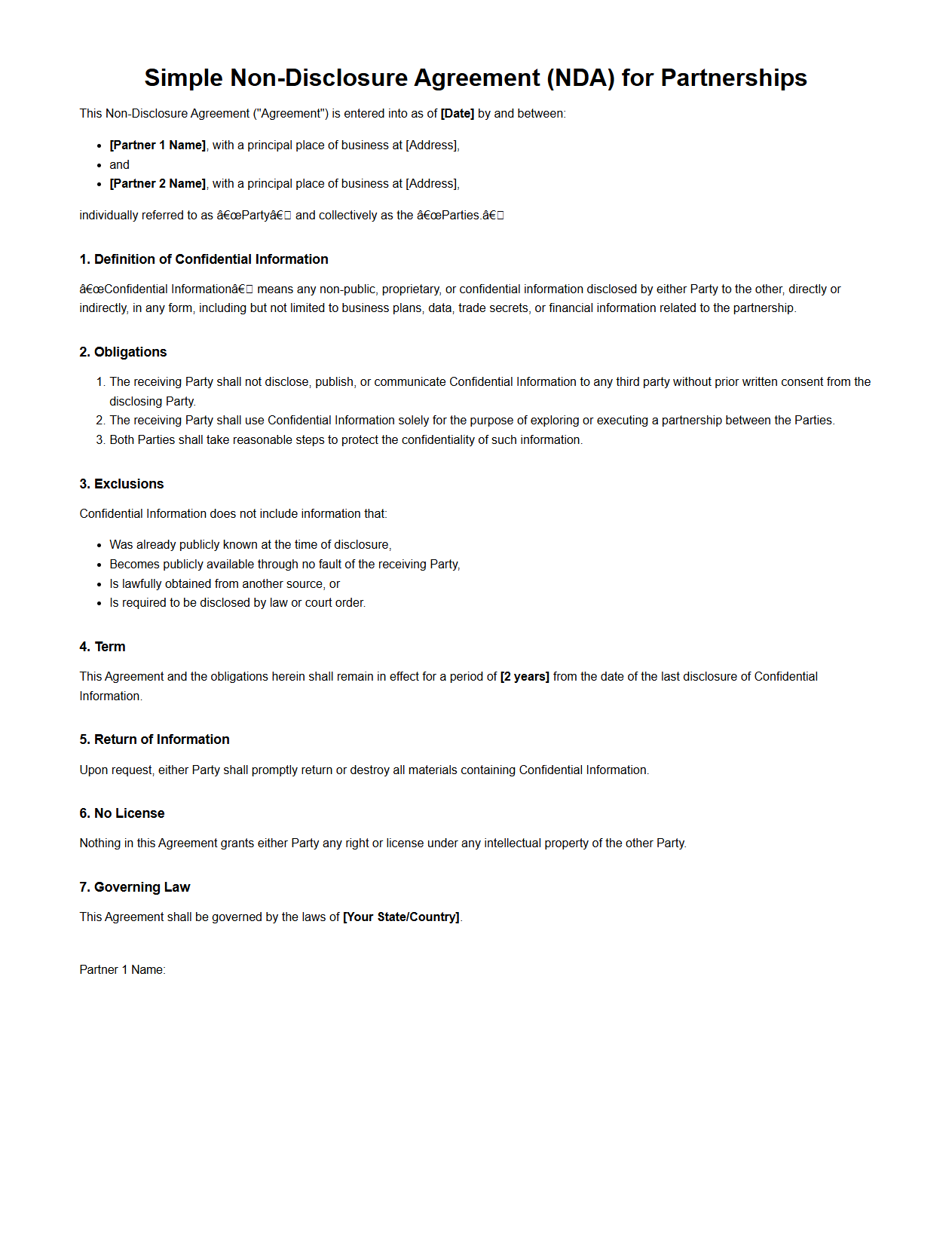 Simple NDA Template for Partnerships