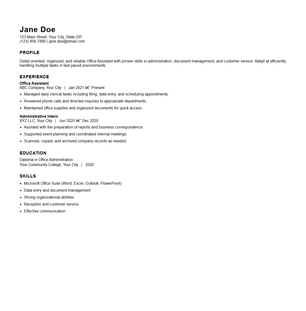 Simple Office Assistant Resume Format