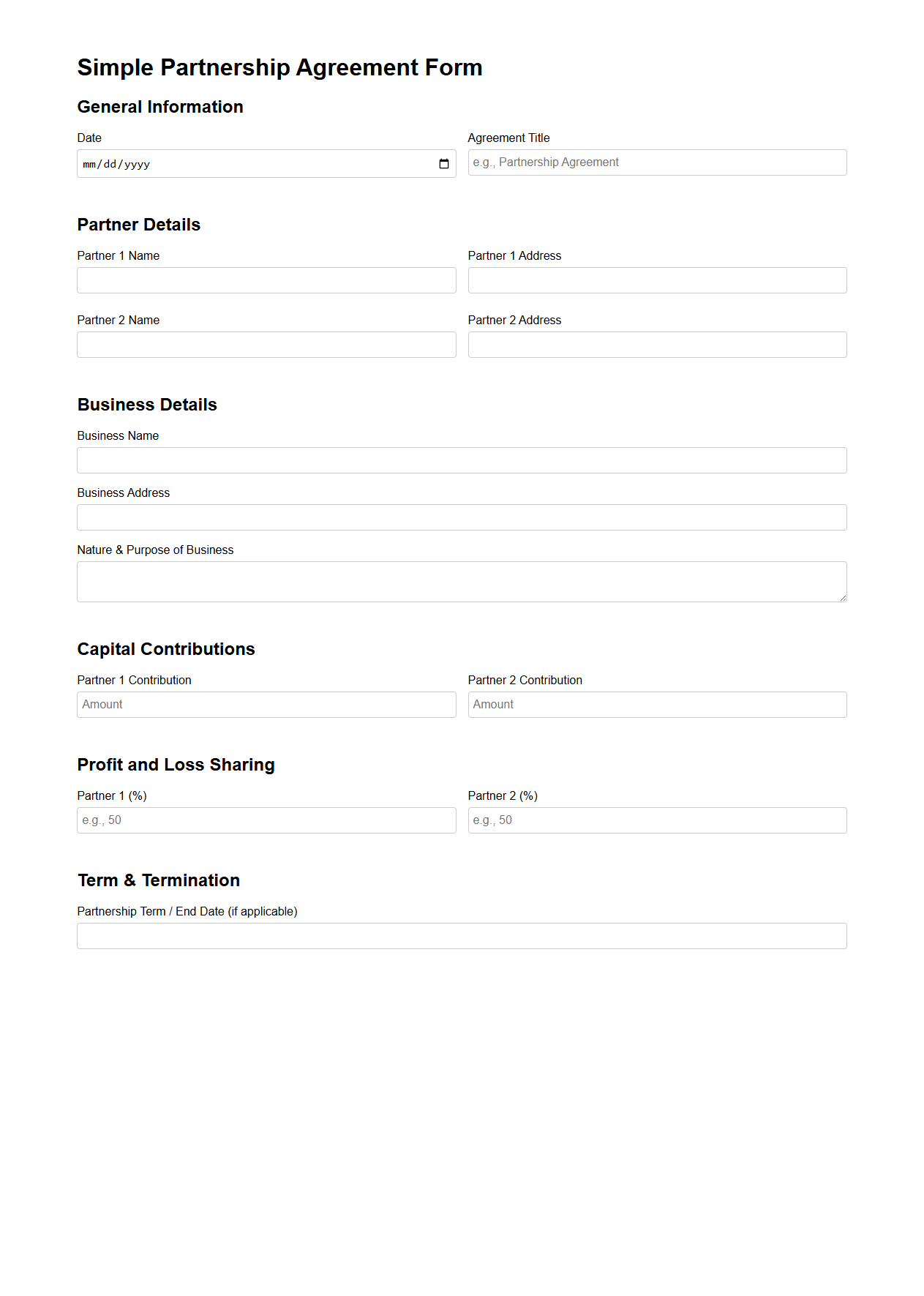 Simple Partnership Agreement Form