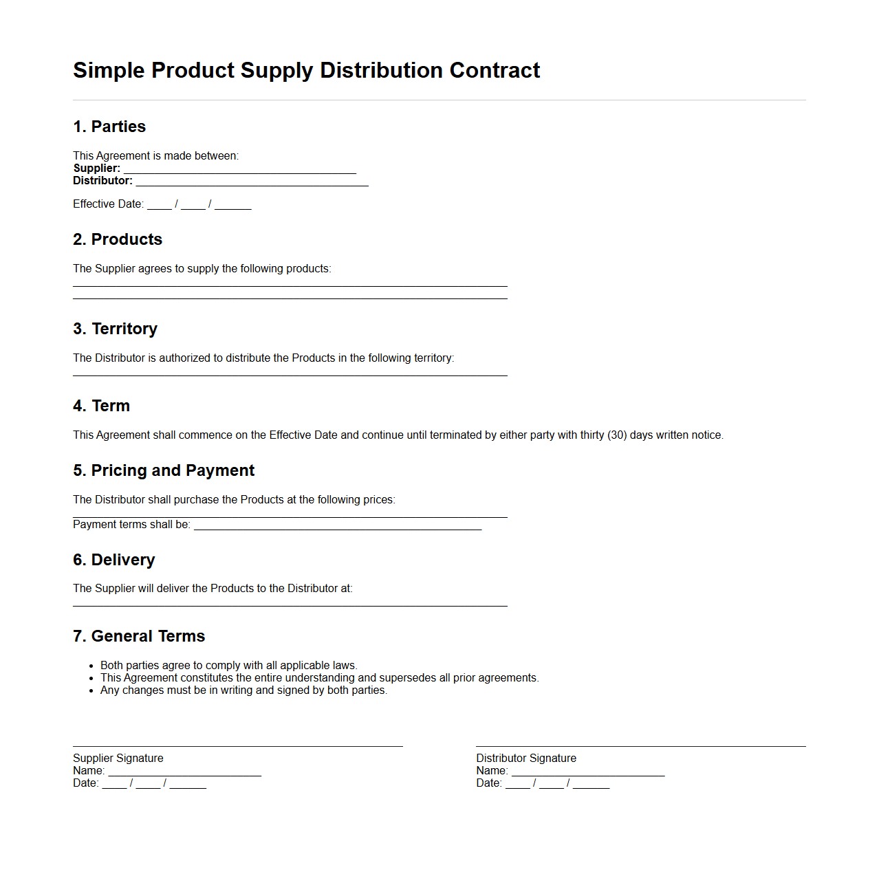 Simple Product Supply Distribution Contract Template