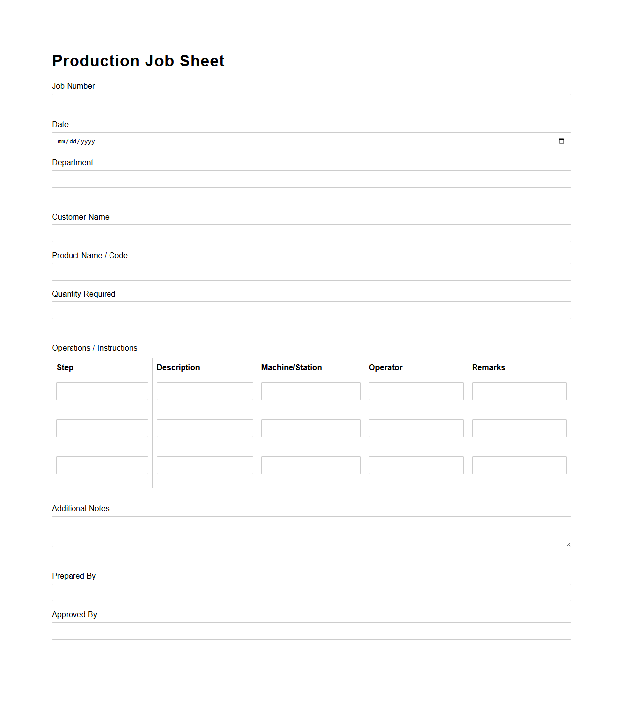 Simple Production Job Sheet for Factory Use