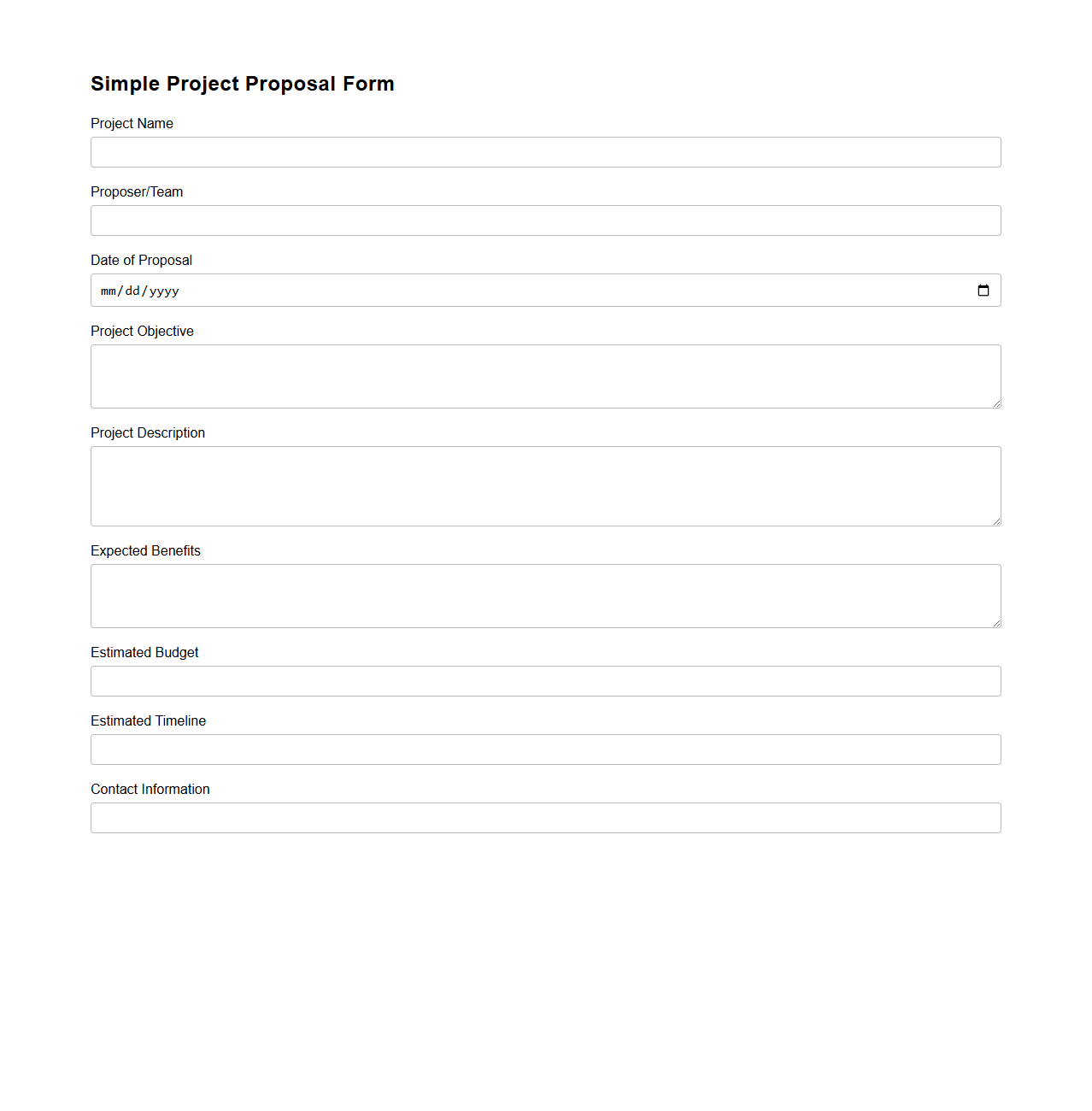 Simple Project Proposal Form for Business