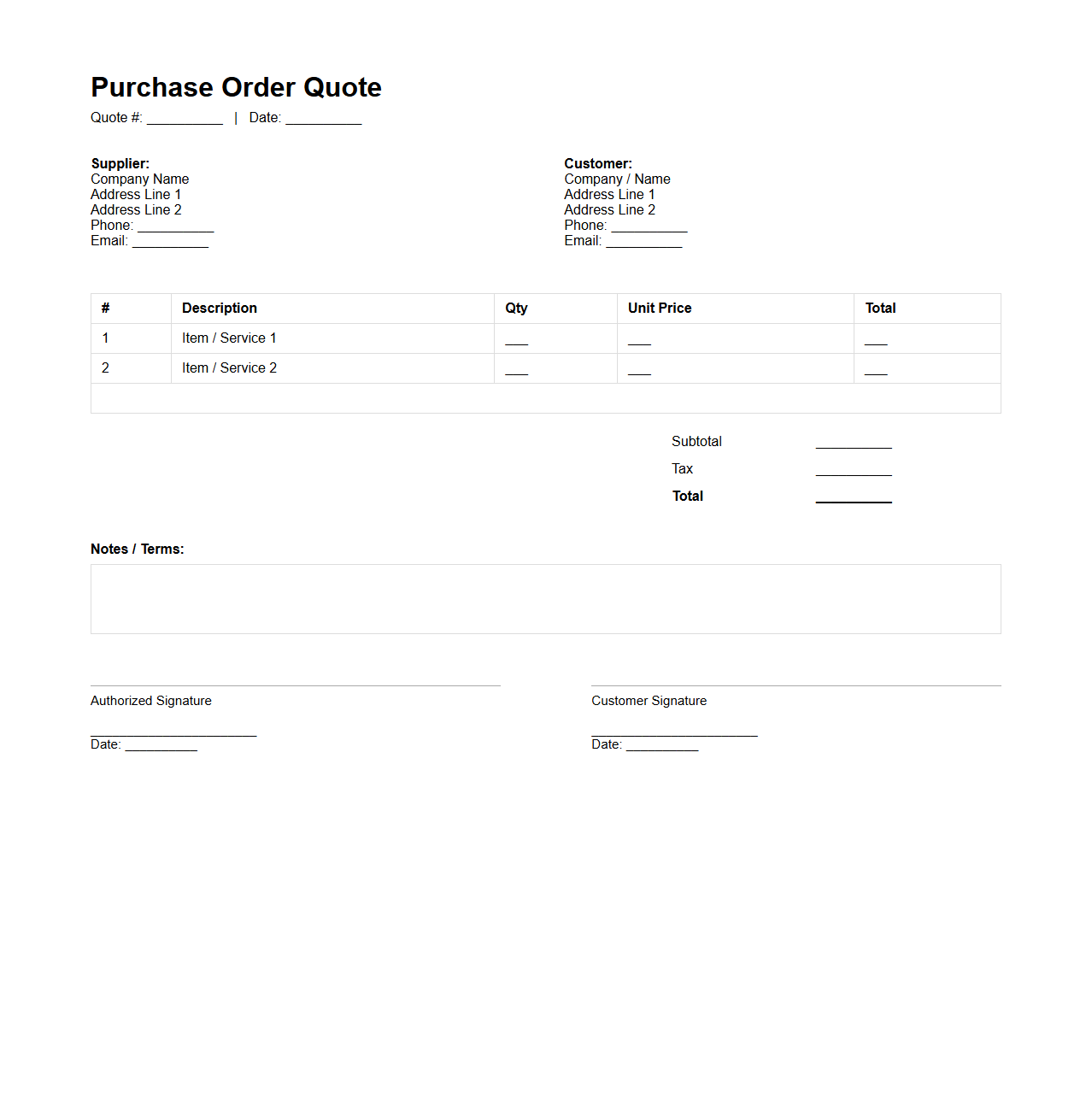 Simple Purchase Order Quote Document