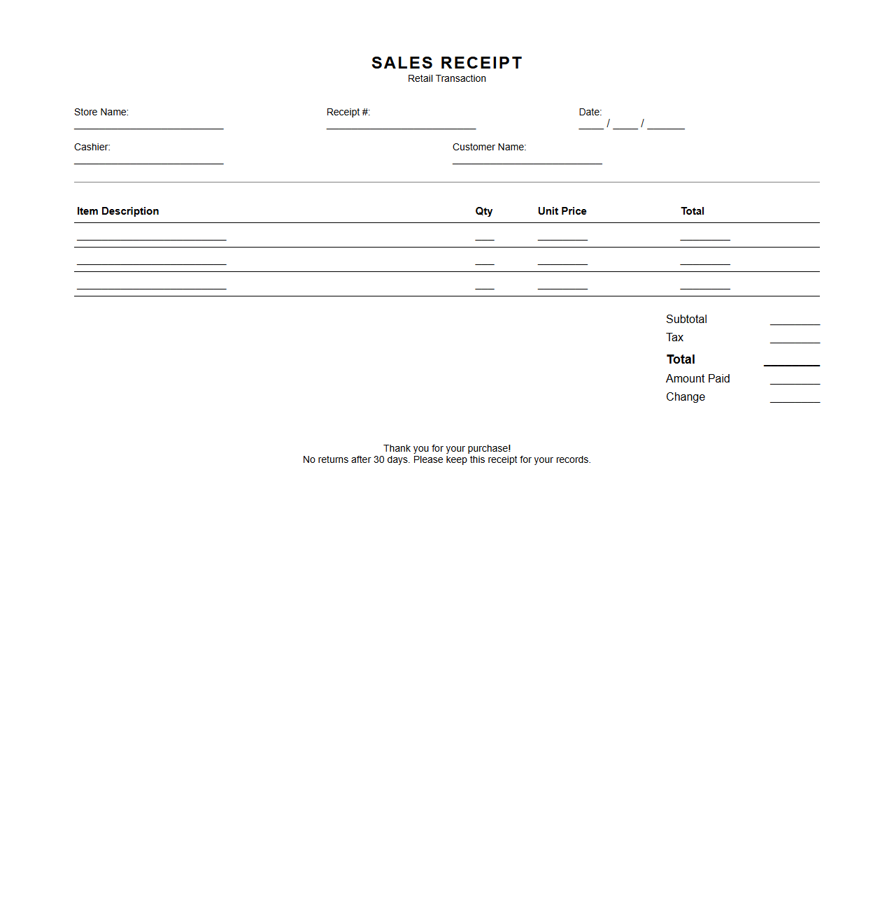 Simple Sales Receipt Template for Retail Transactions