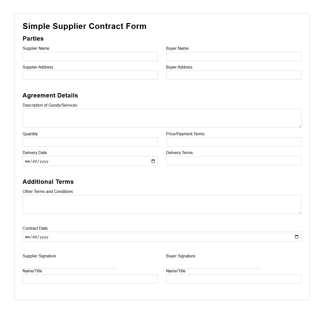 Simple Supplier Contract Template Form