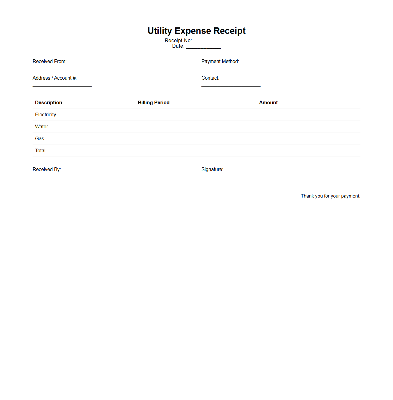 Simple Utility Expense Receipt Layout