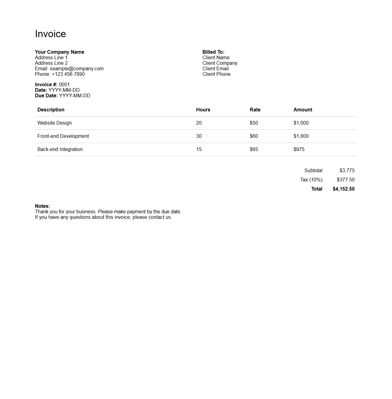 Simple Web Development Invoice Template