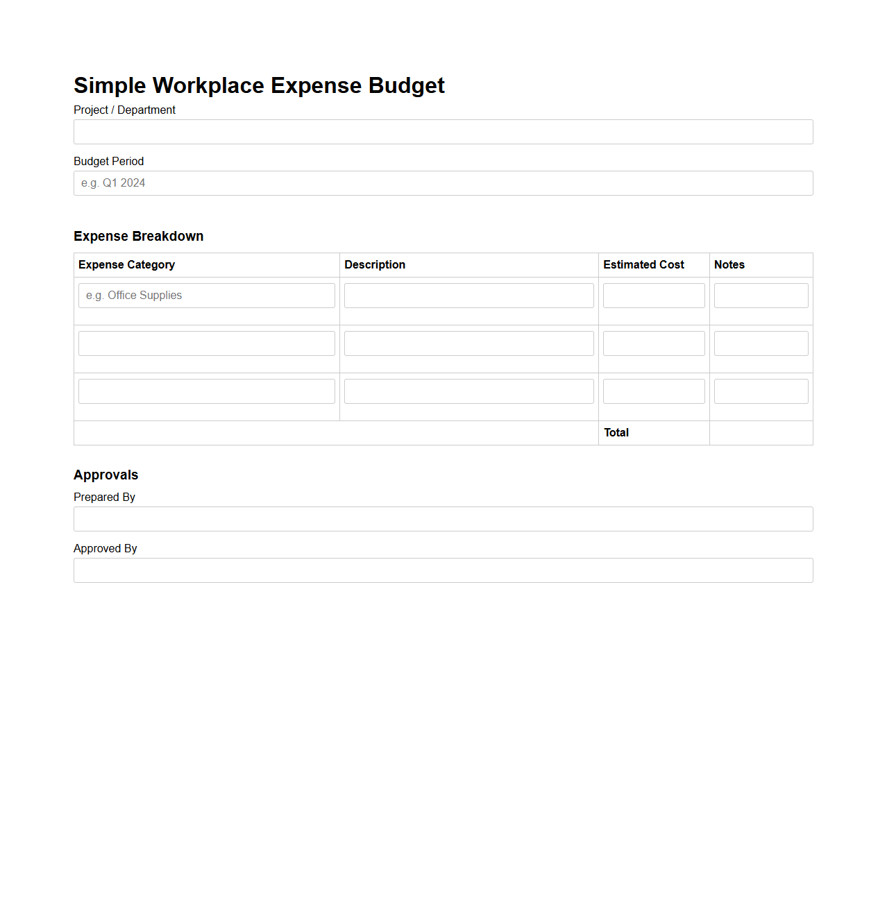 Simple Workplace Expense Budget Document