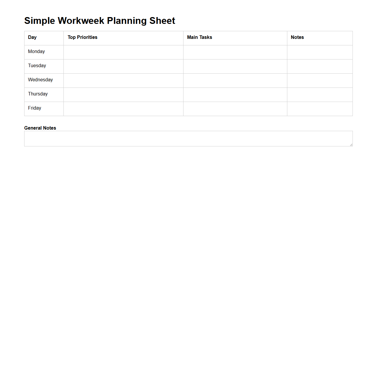 Simple Workweek Planning Sheet
