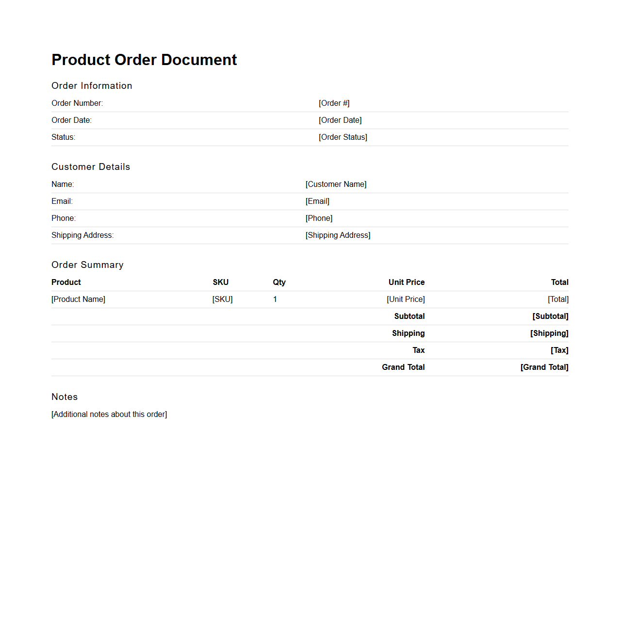 Single-Page Product Order Document