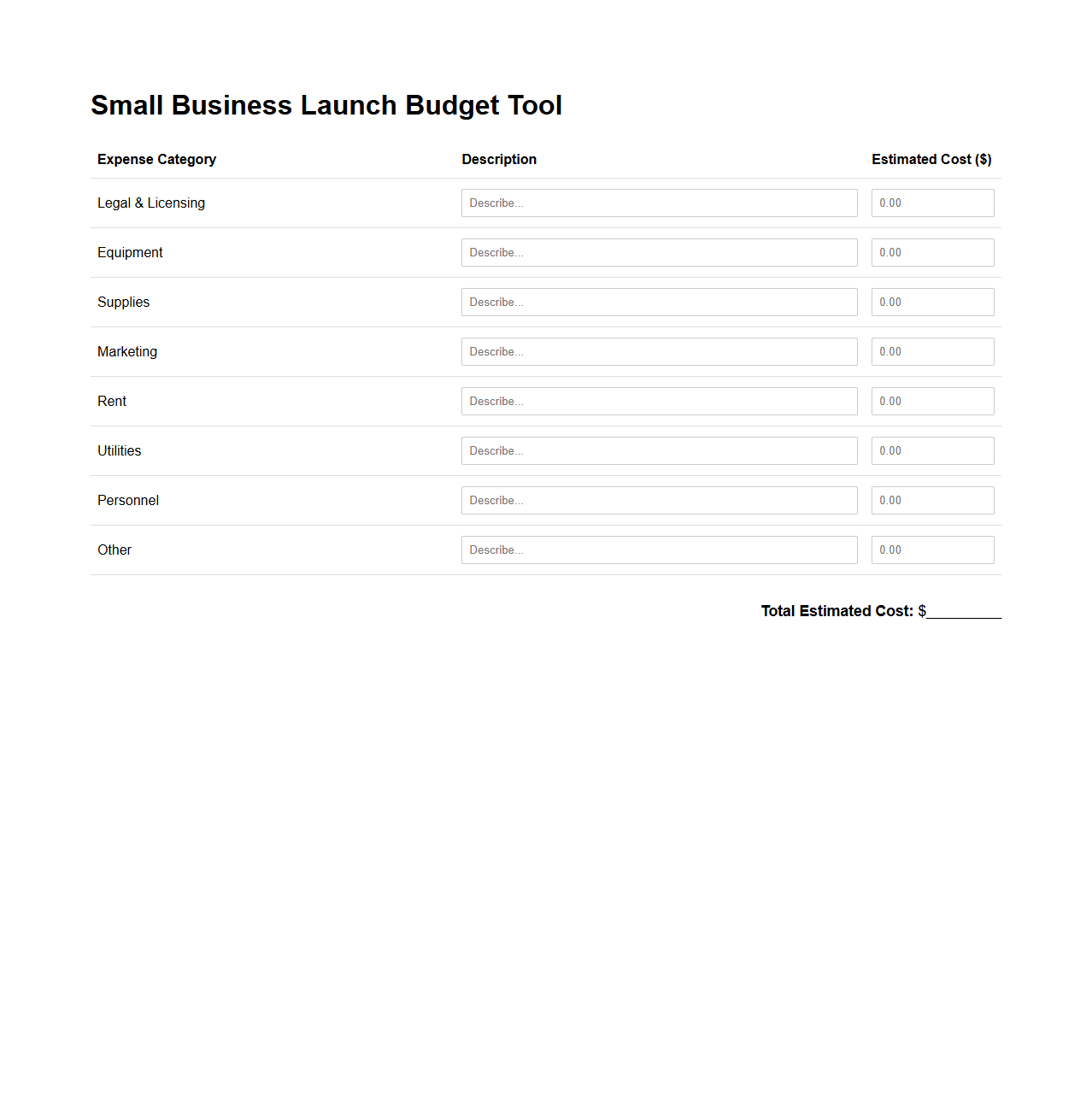 Small Business Launch Budget Tool