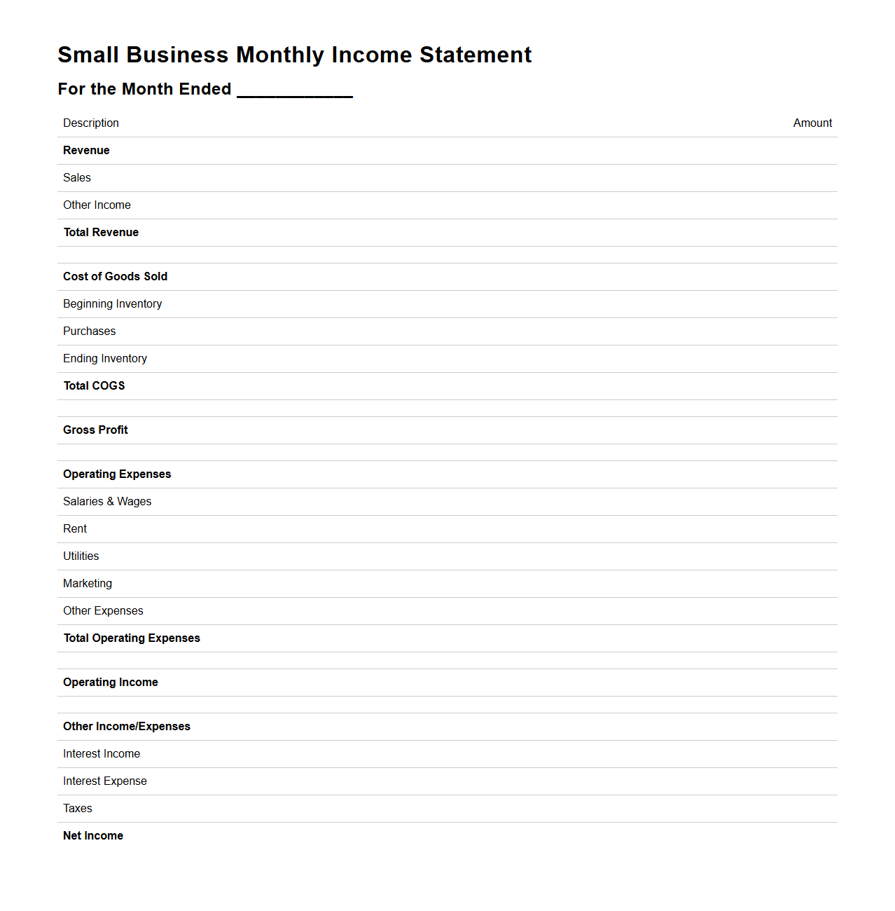 Small Business Monthly Income Statement Format