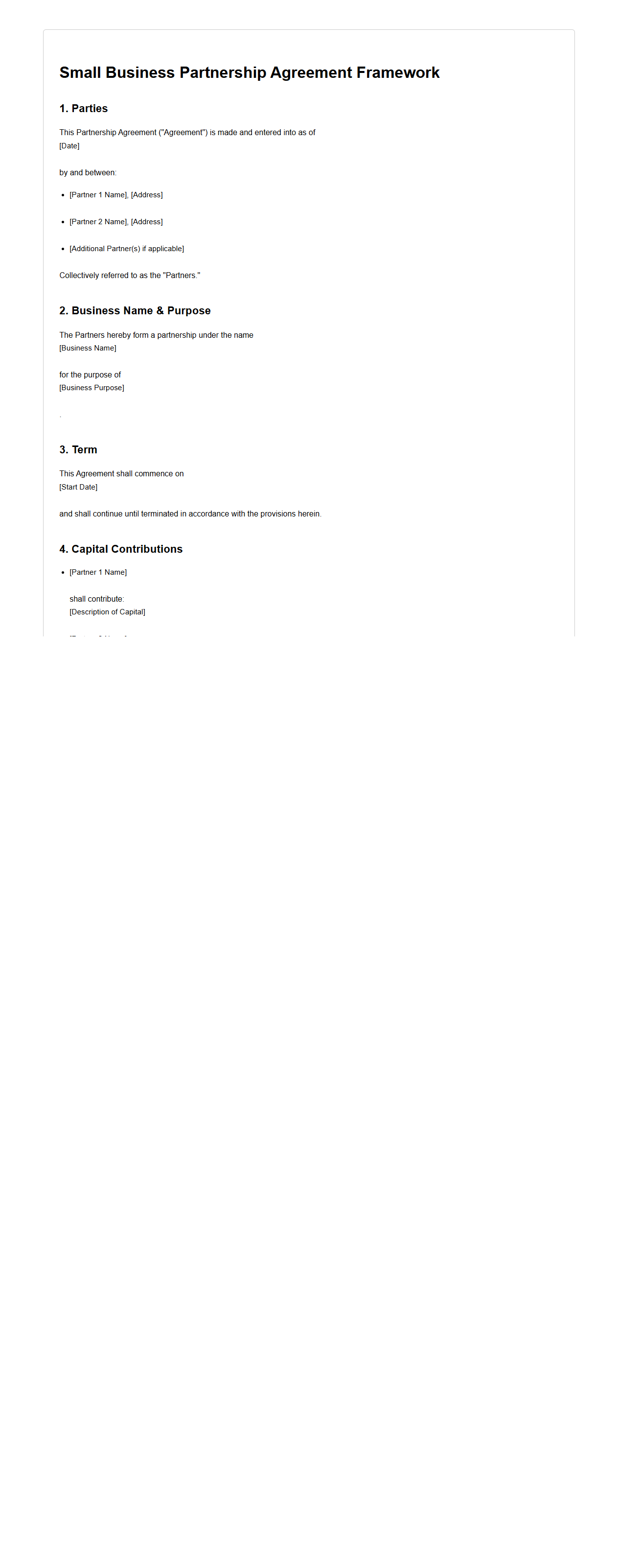 Small Business Partnership Agreement Framework