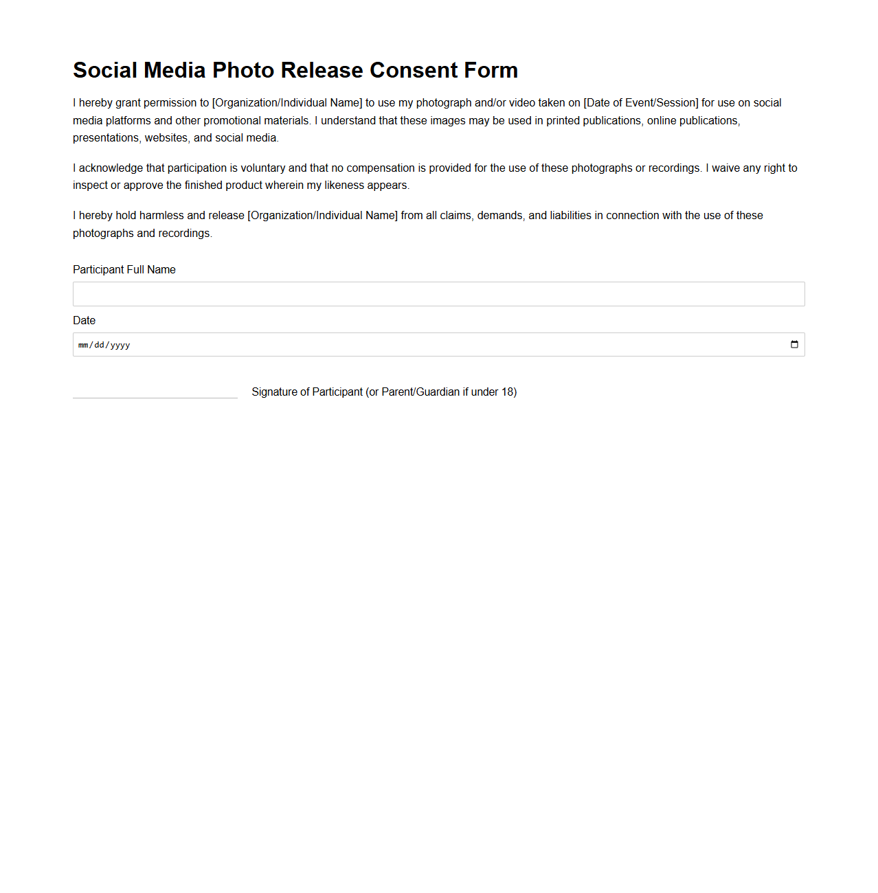 Social Media Photo Release Consent Template