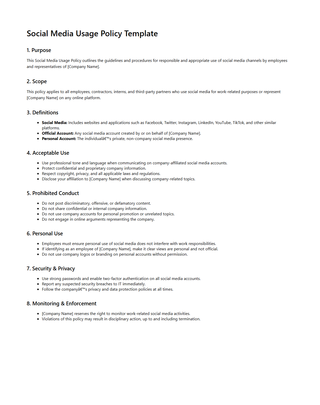 Social Media Usage Policy Template