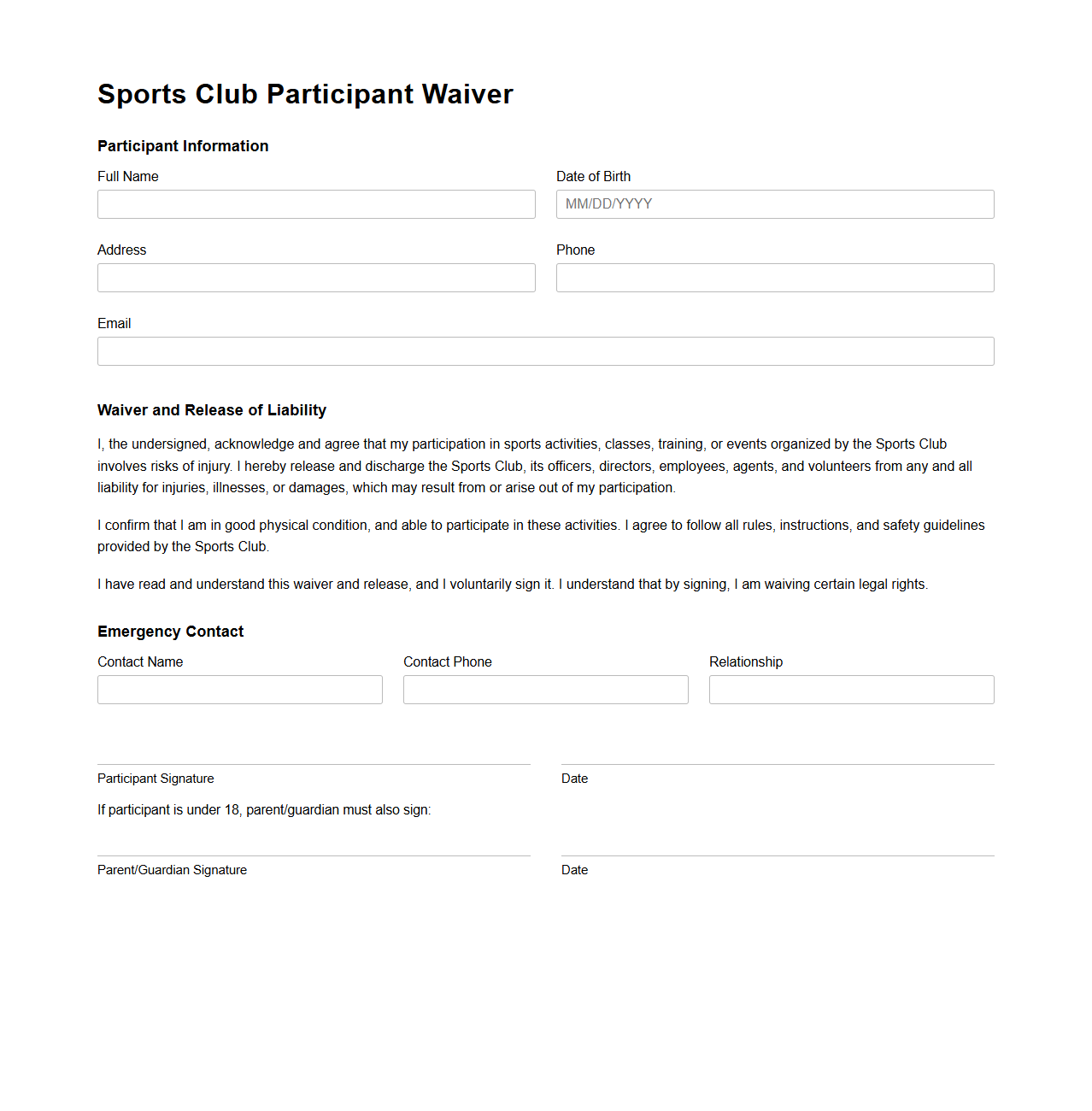 Sports Club Participant Waiver Template